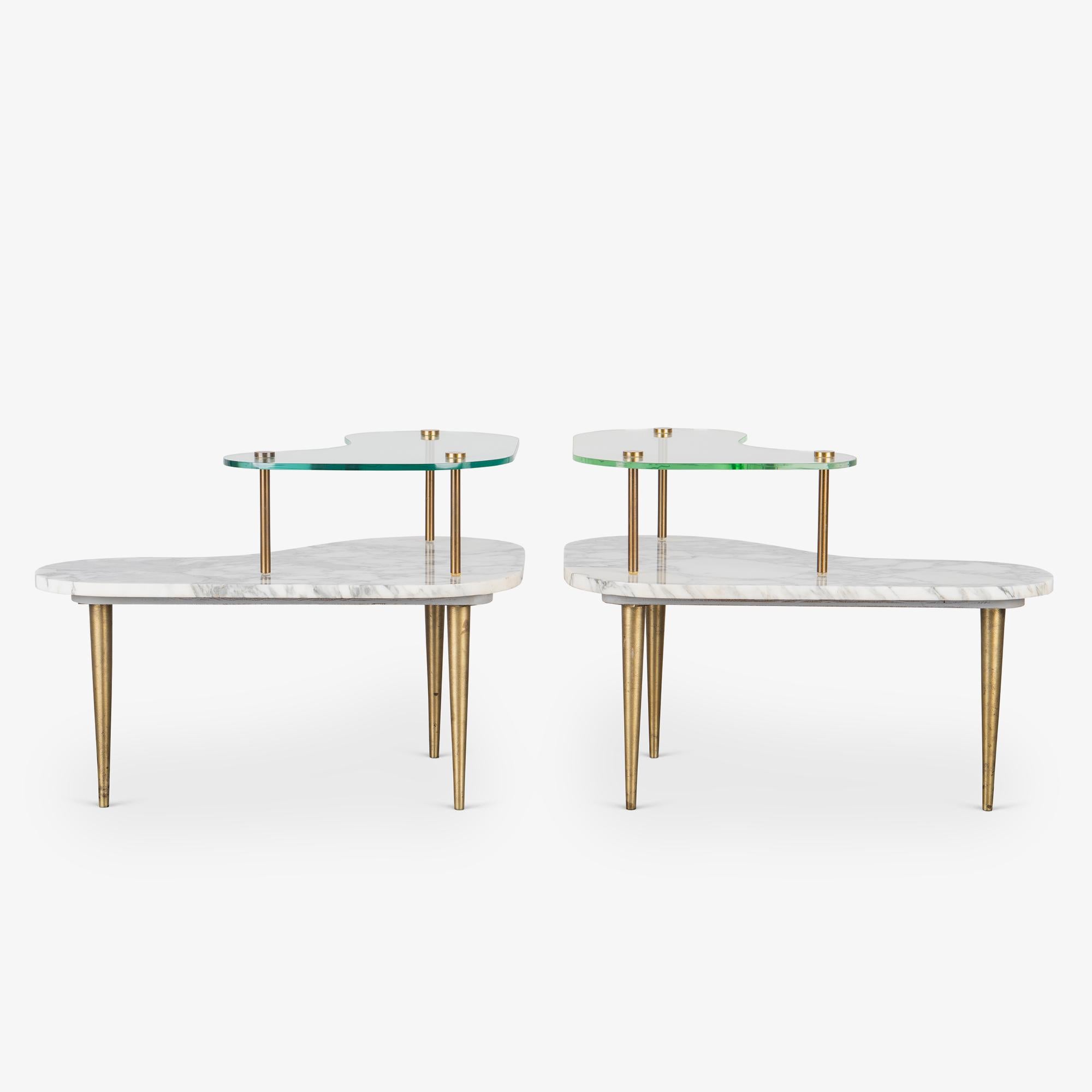 Tiered Italian Organic Form Side Tables in Carrara Marble, Glass, & Brass, Pair For Sale 4
