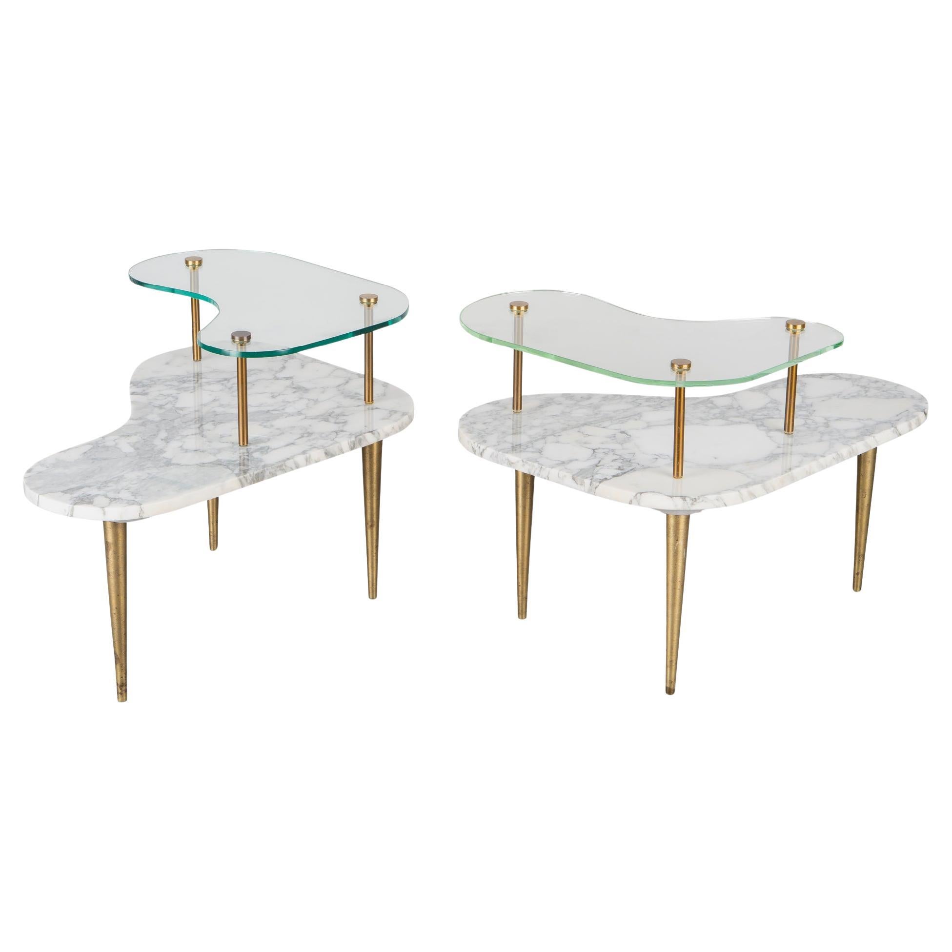 Tiered Italian Organic Form Side Tables in Carrara Marble, Glass, & Brass, Pair For Sale