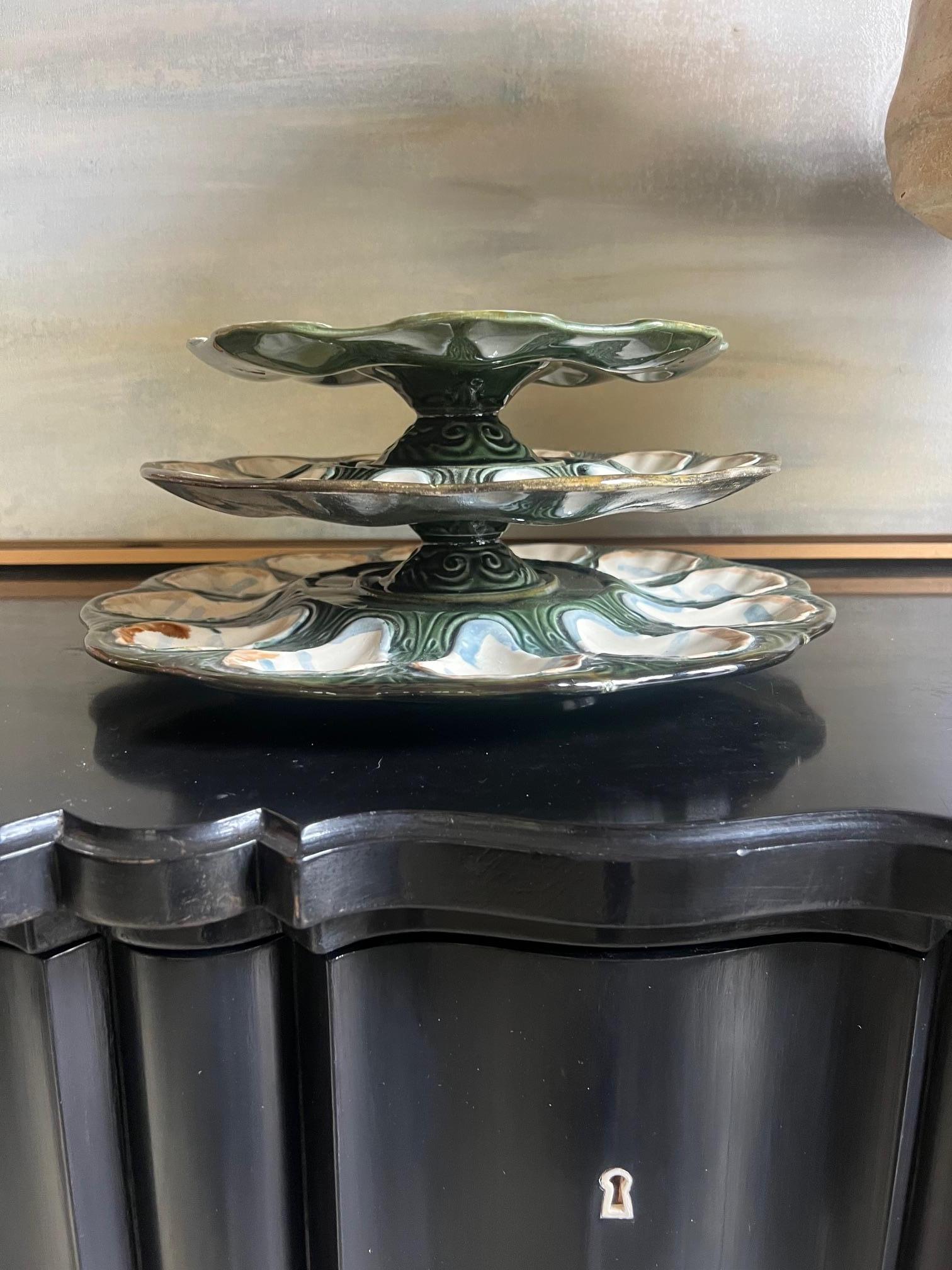 Tiered Longchamp Hand Painted Oyster Plate Set of 3, c. 1900 For Sale 2