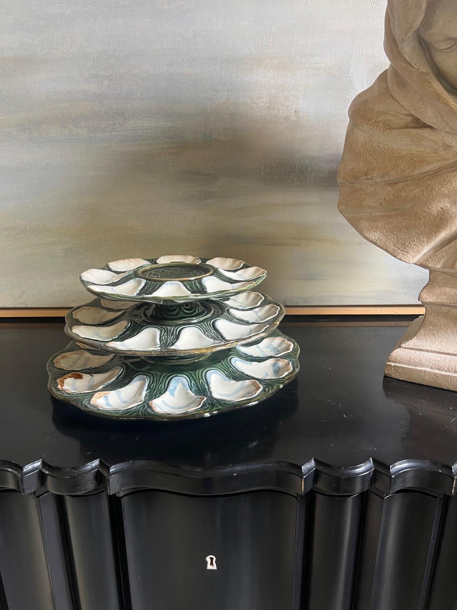 Tiered Longchamp Hand Painted Oyster Plate Set of 3, c. 1900 For Sale 3