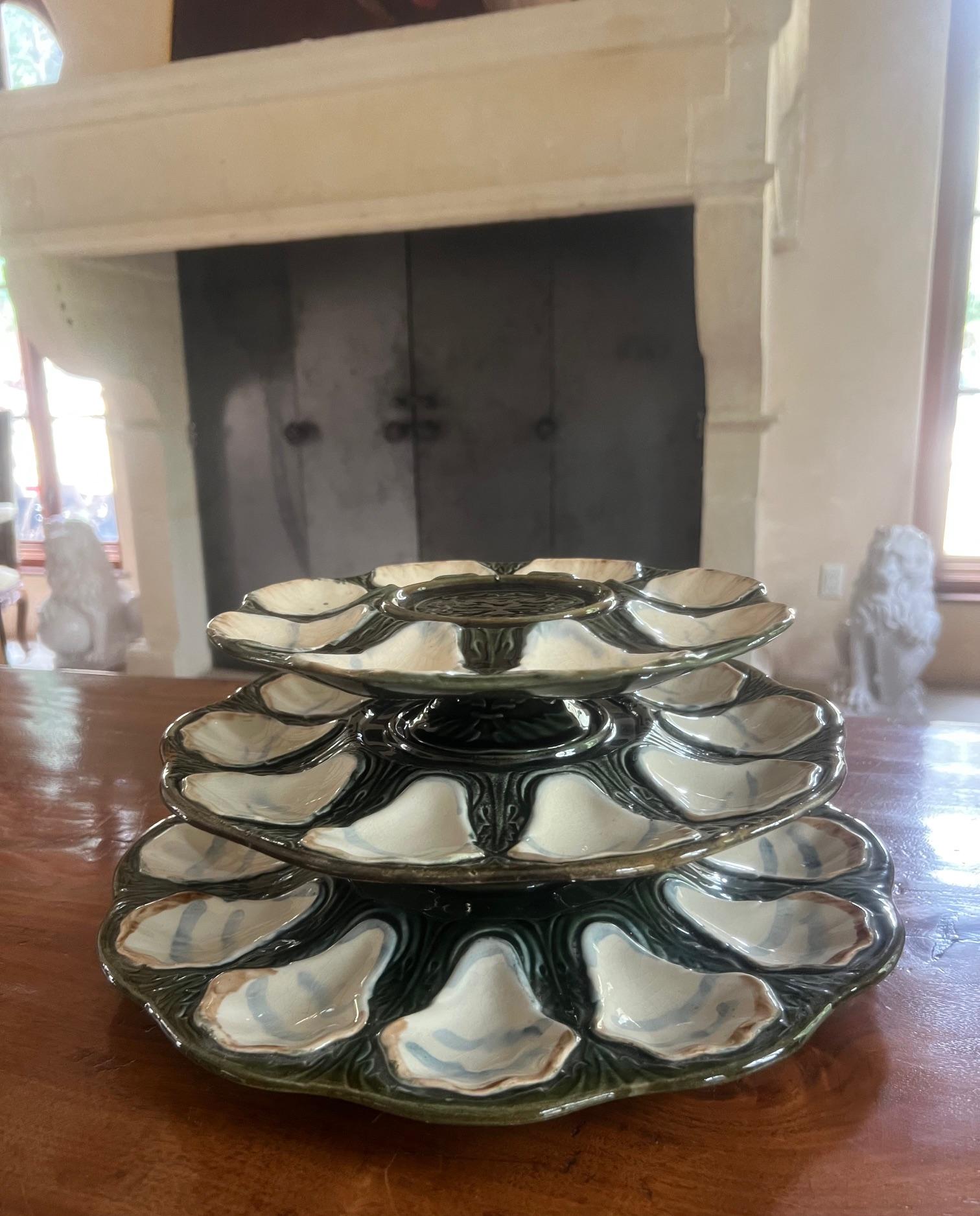 French Tiered Longchamp Hand Painted Oyster Plate Set of 3, c. 1900 For Sale