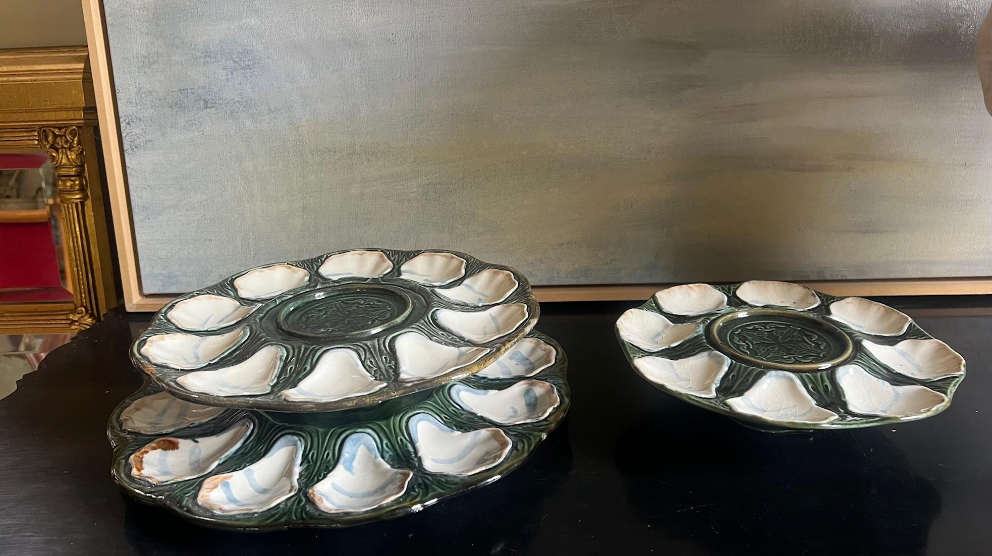 Ceramic Tiered Longchamp Hand Painted Oyster Plate Set of 3, c. 1900 For Sale