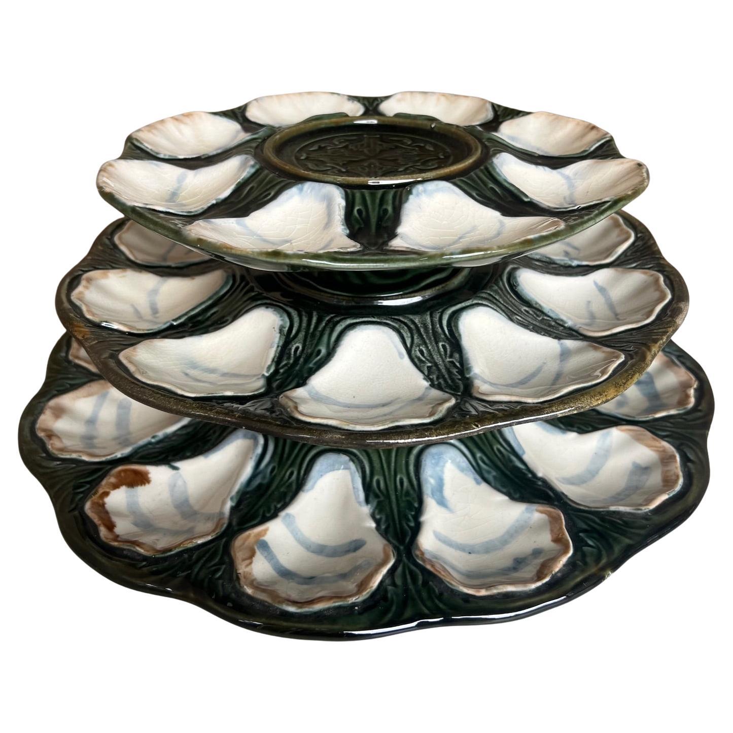 Tiered Longchamp Hand Painted Oyster Plate Set of 3, c. 1900 For Sale
