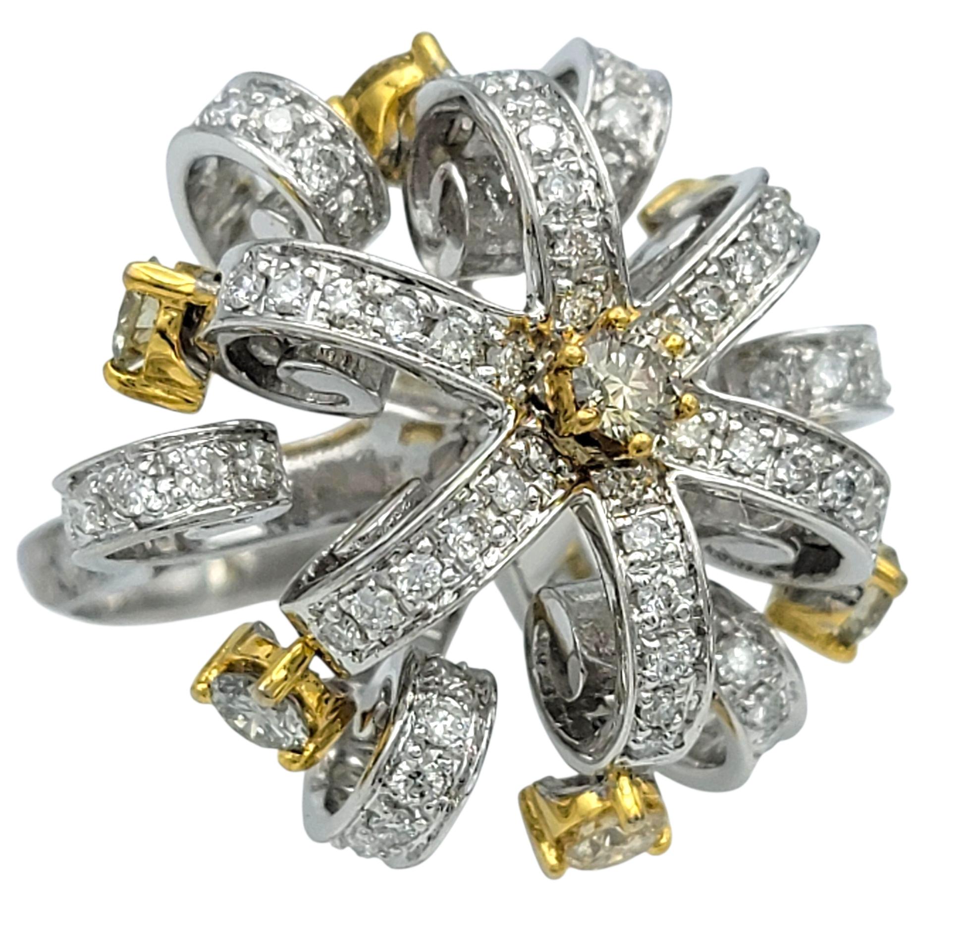 Contemporary Tiered Open Loop Motif Articulated Diamond Detail Ring in Two Tone 18 Karat Gold For Sale