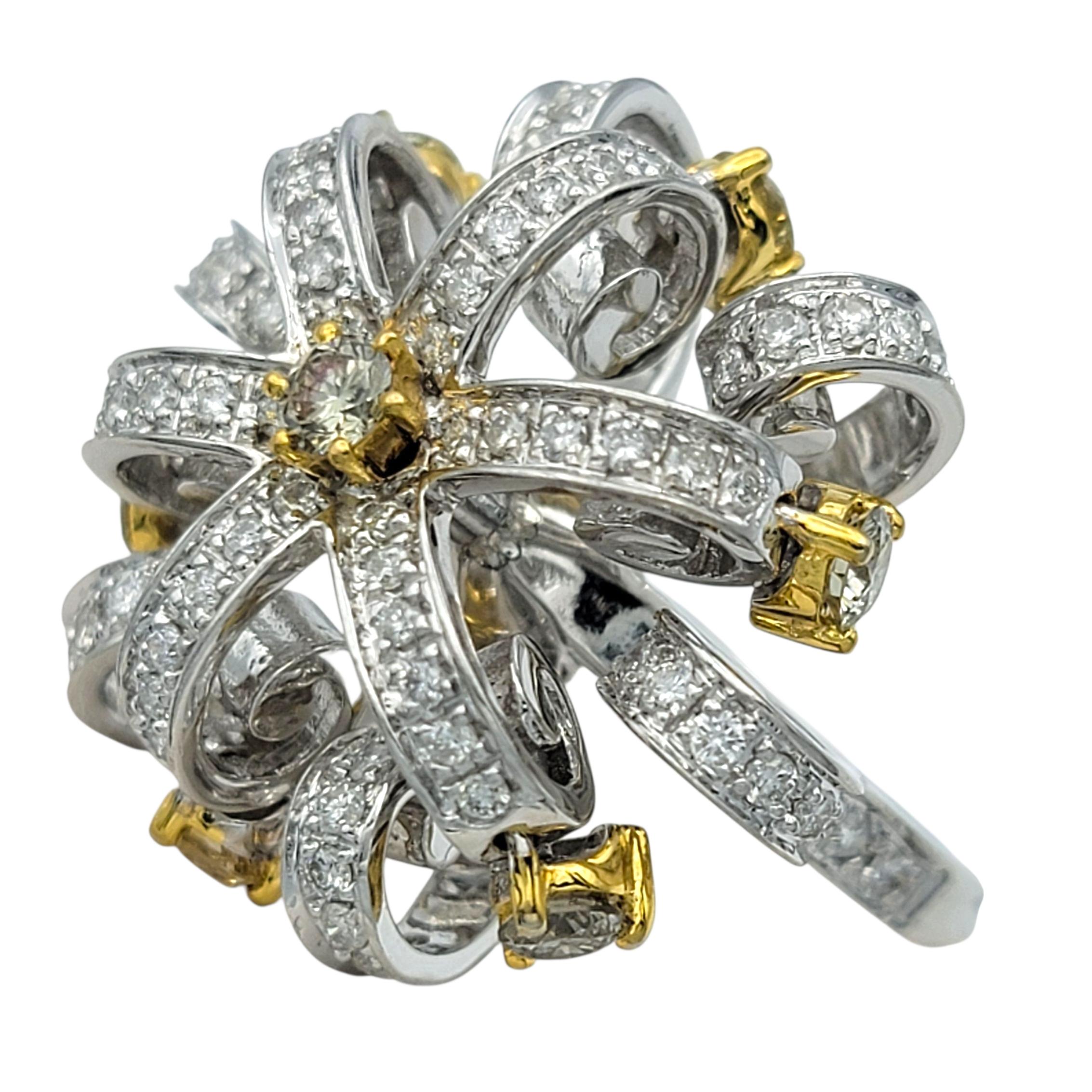 Round Cut Tiered Open Loop Motif Articulated Diamond Detail Ring in Two Tone 18 Karat Gold For Sale