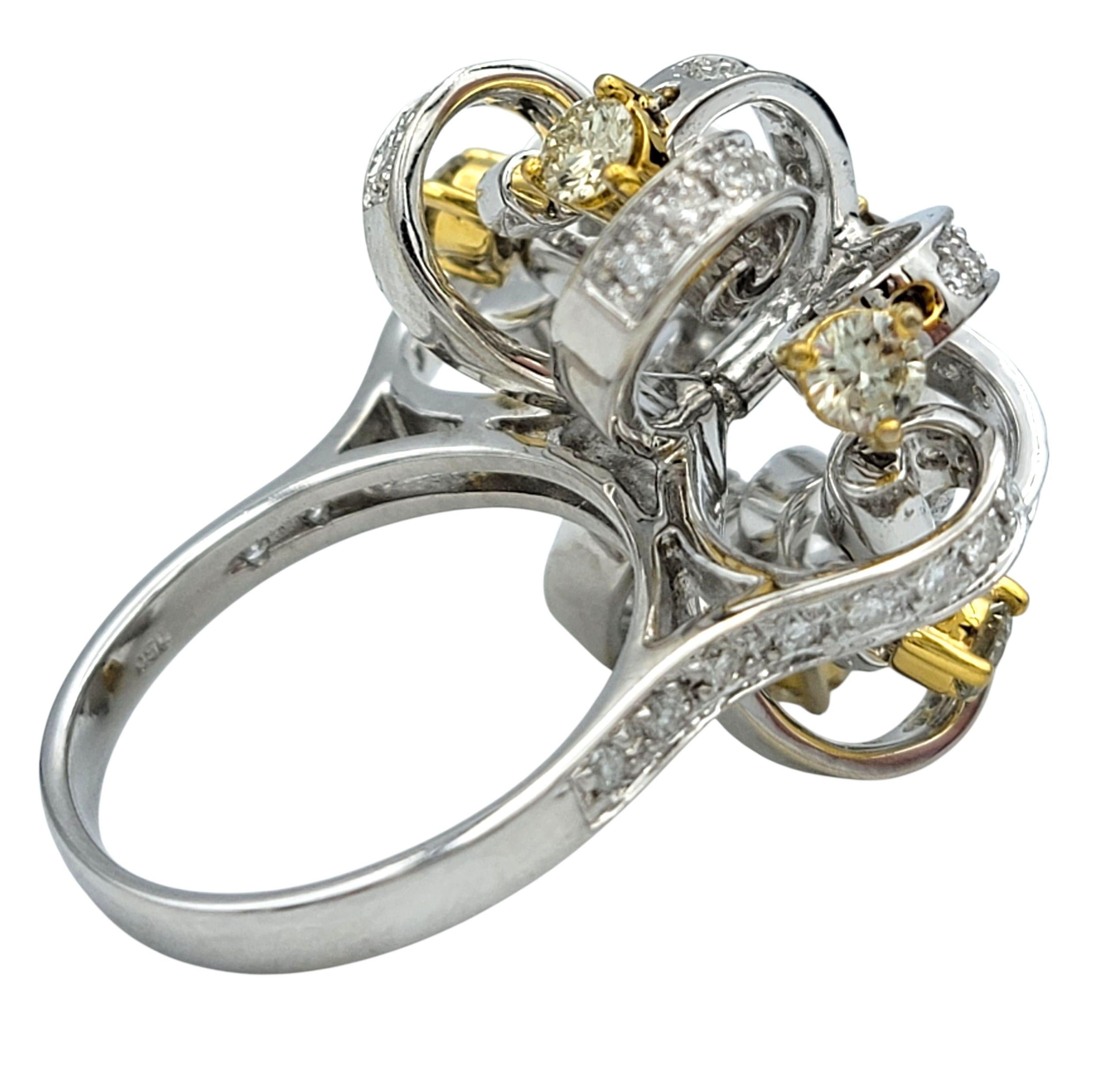 Women's Tiered Open Loop Motif Articulated Diamond Detail Ring in Two Tone 18 Karat Gold For Sale