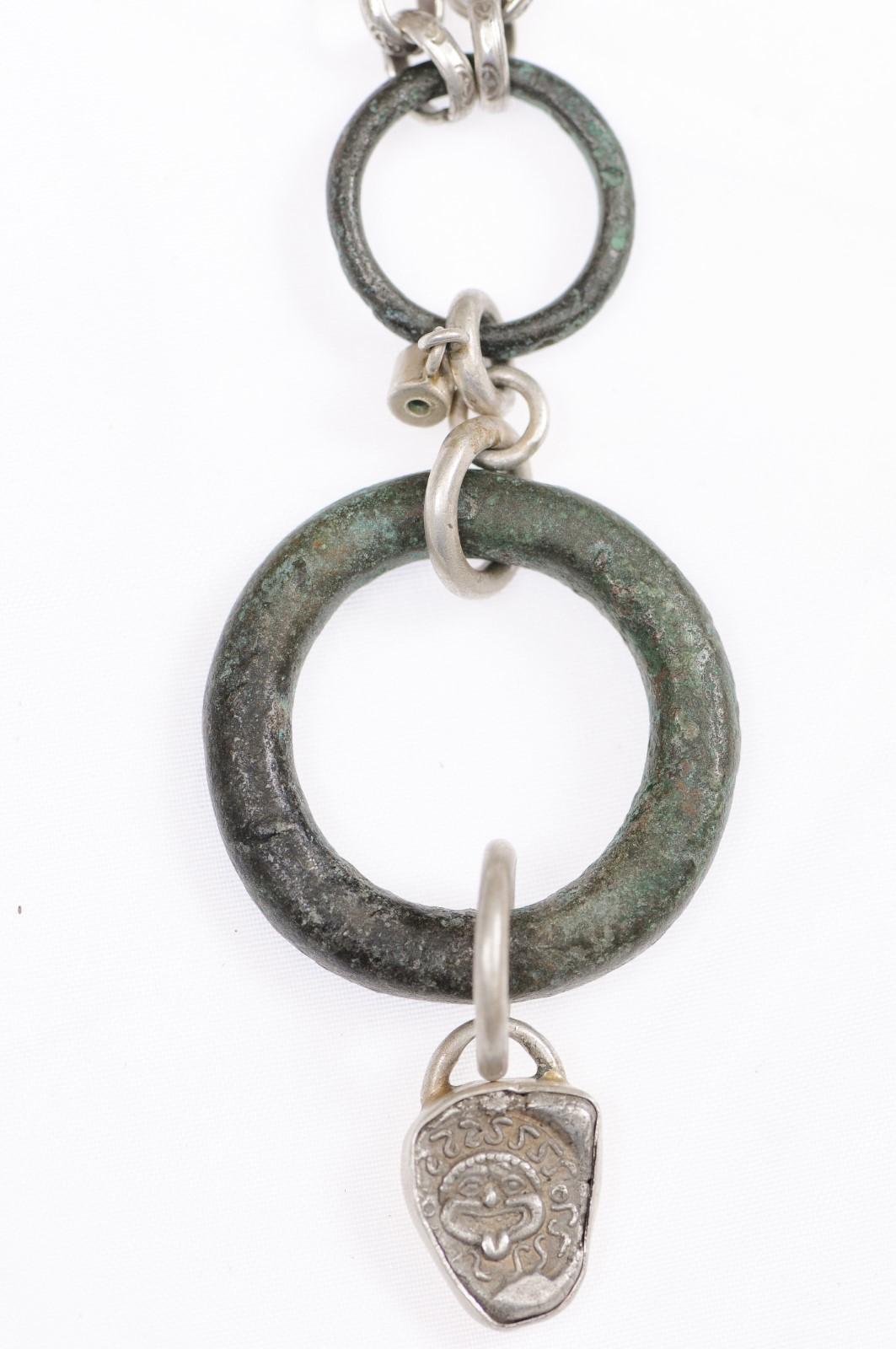 Tiered Pendant in bronze, w/emerald and drachm (coin) on Sterling Silver Chain For Sale 4