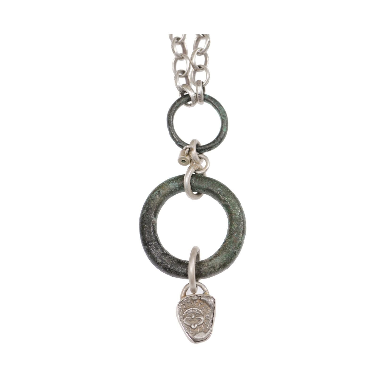 Tiered Pendant in bronze, w/emerald and drachm (coin) on Sterling Silver Chain For Sale 5
