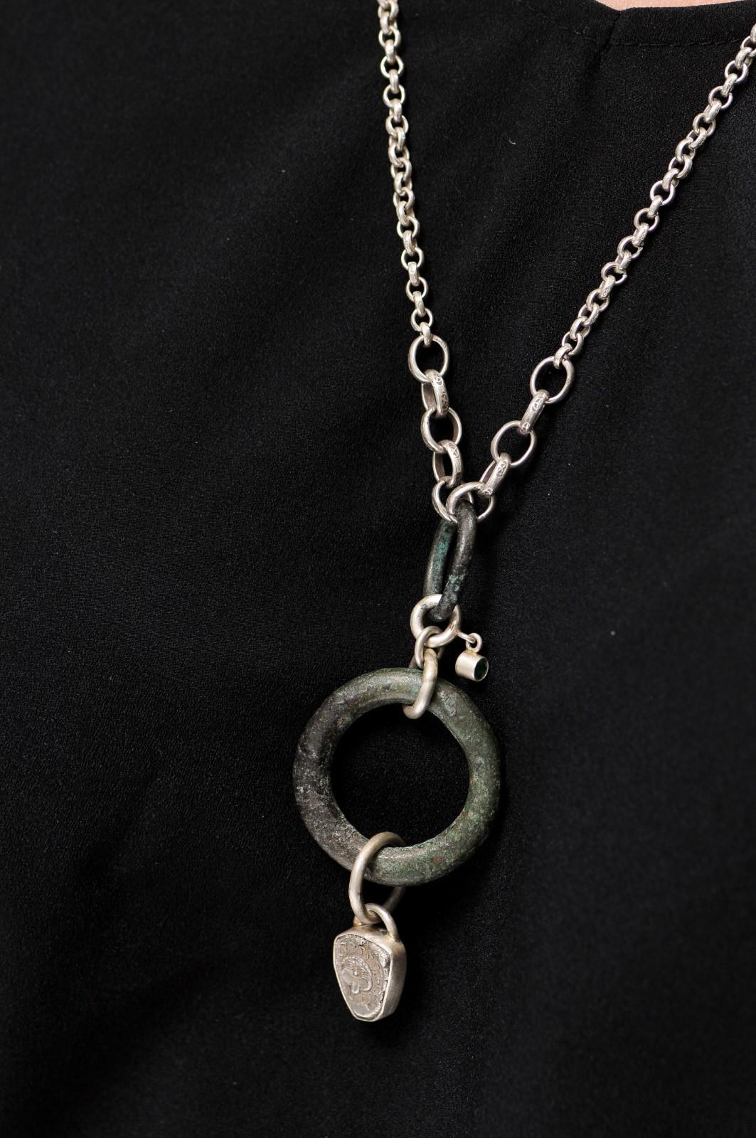Tiered Pendant in bronze, w/emerald and drachm (coin) on Sterling Silver Chain For Sale 6