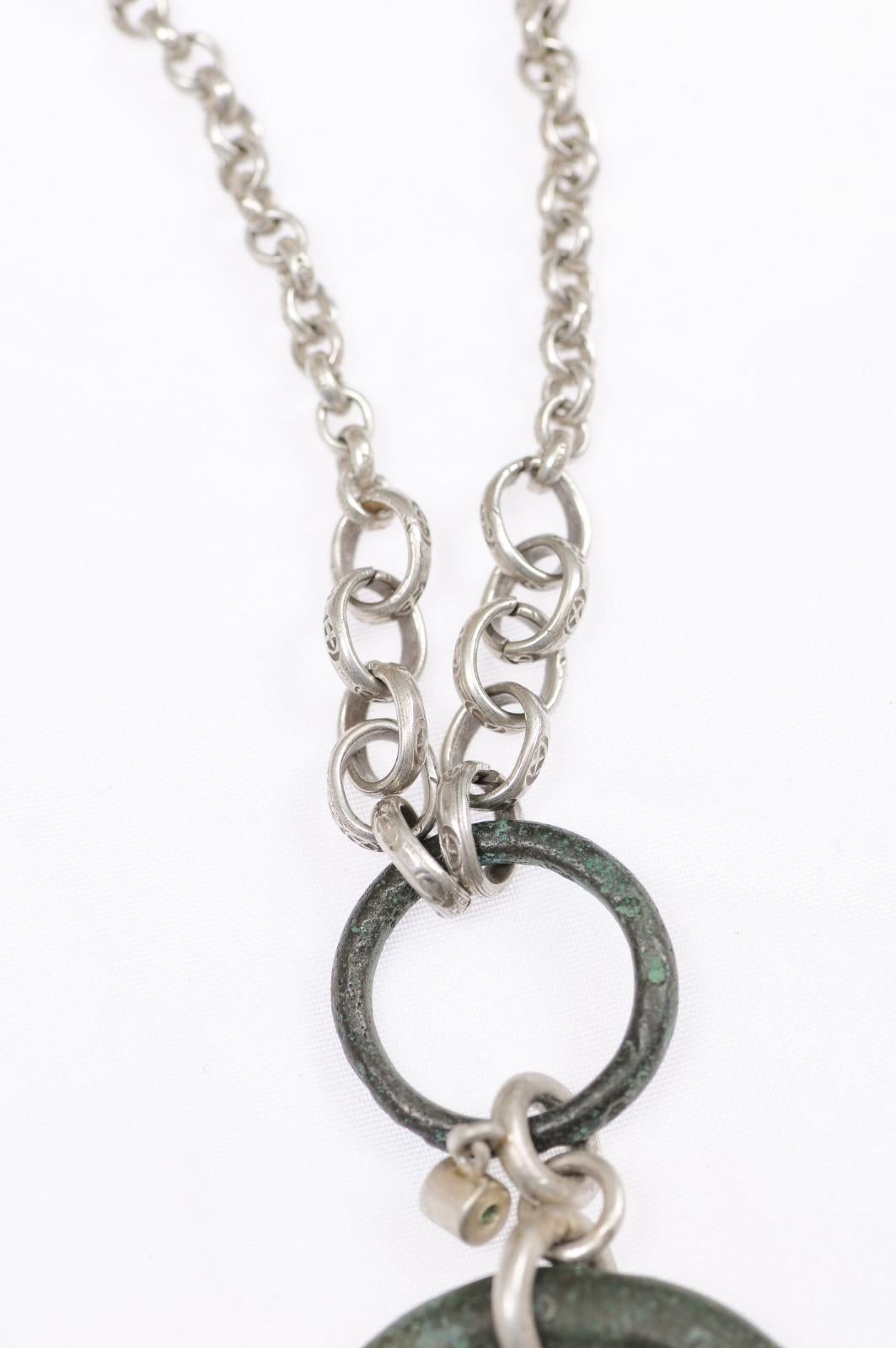 Tiered Pendant in bronze, w/emerald and drachm (coin) on Sterling Silver Chain For Sale 1