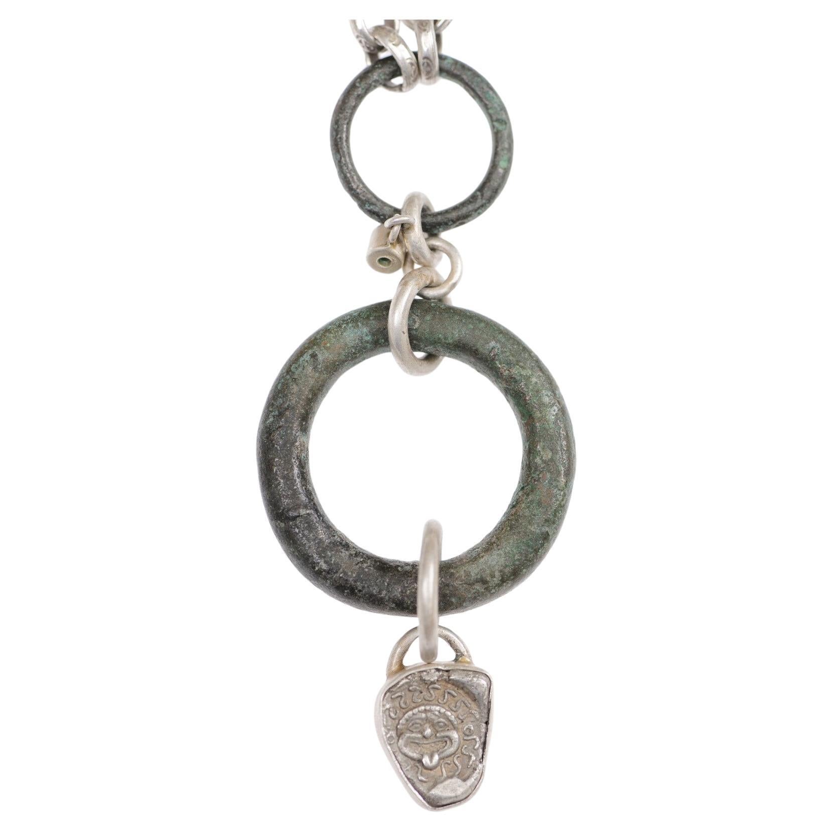 Tiered Pendant in bronze, w/emerald and drachm (coin) on Sterling Silver Chain For Sale