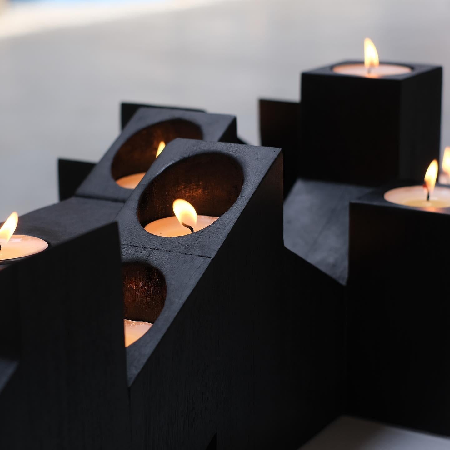 Tiered Structure Black Skyline Candle Light in Iroko Wood by Arno Declercq For Sale 4