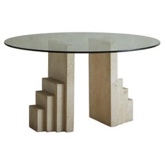 Vintage Tiered Travertine + Glass Dining Table, Italy 1970s