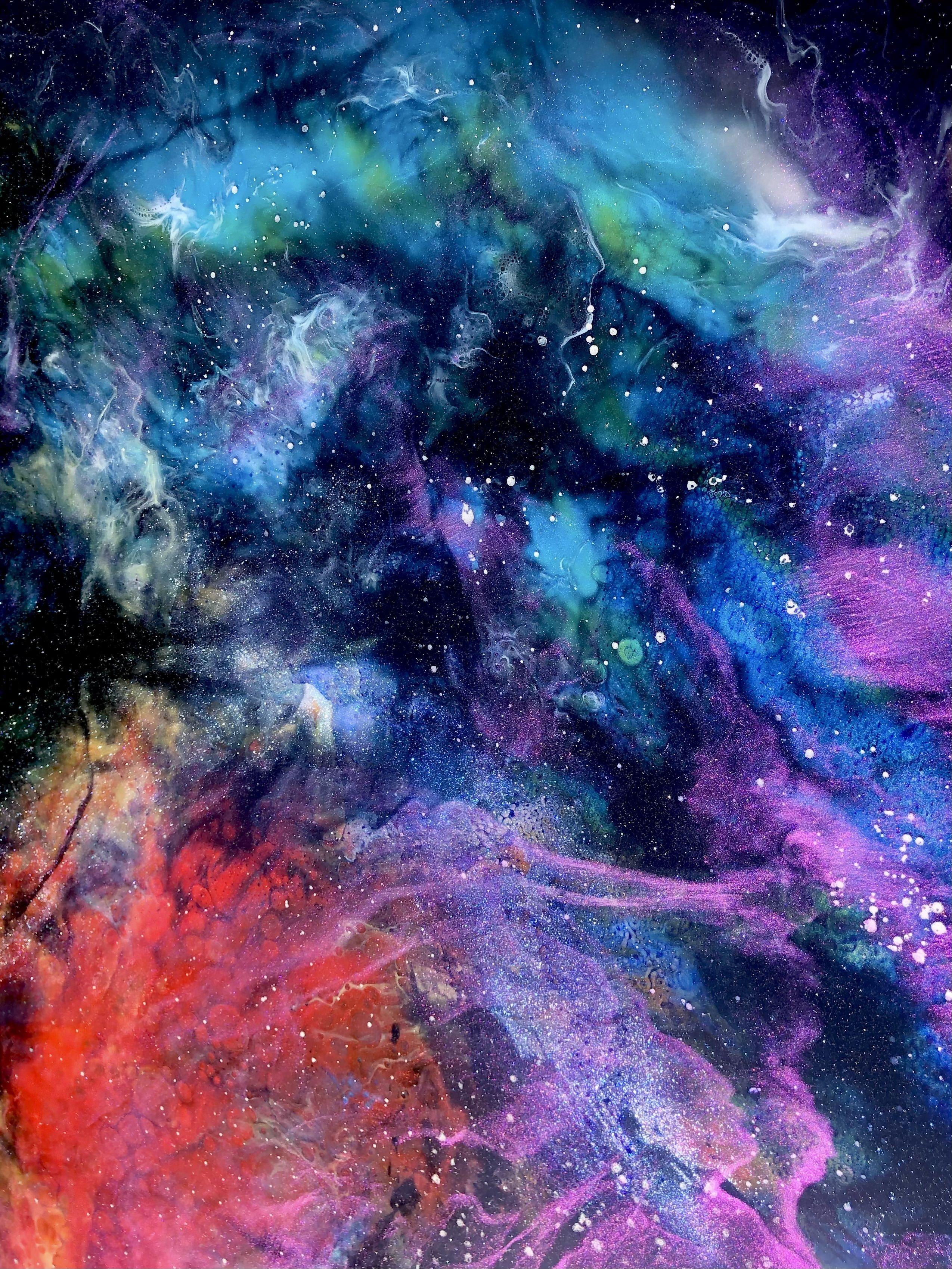 OMEGA SOTO NEBULA (mit LED Lights), Mischtechnik auf Holzplatte (Abstrakter Expressionismus), Mixed Media Art, von Tiffani Buteau