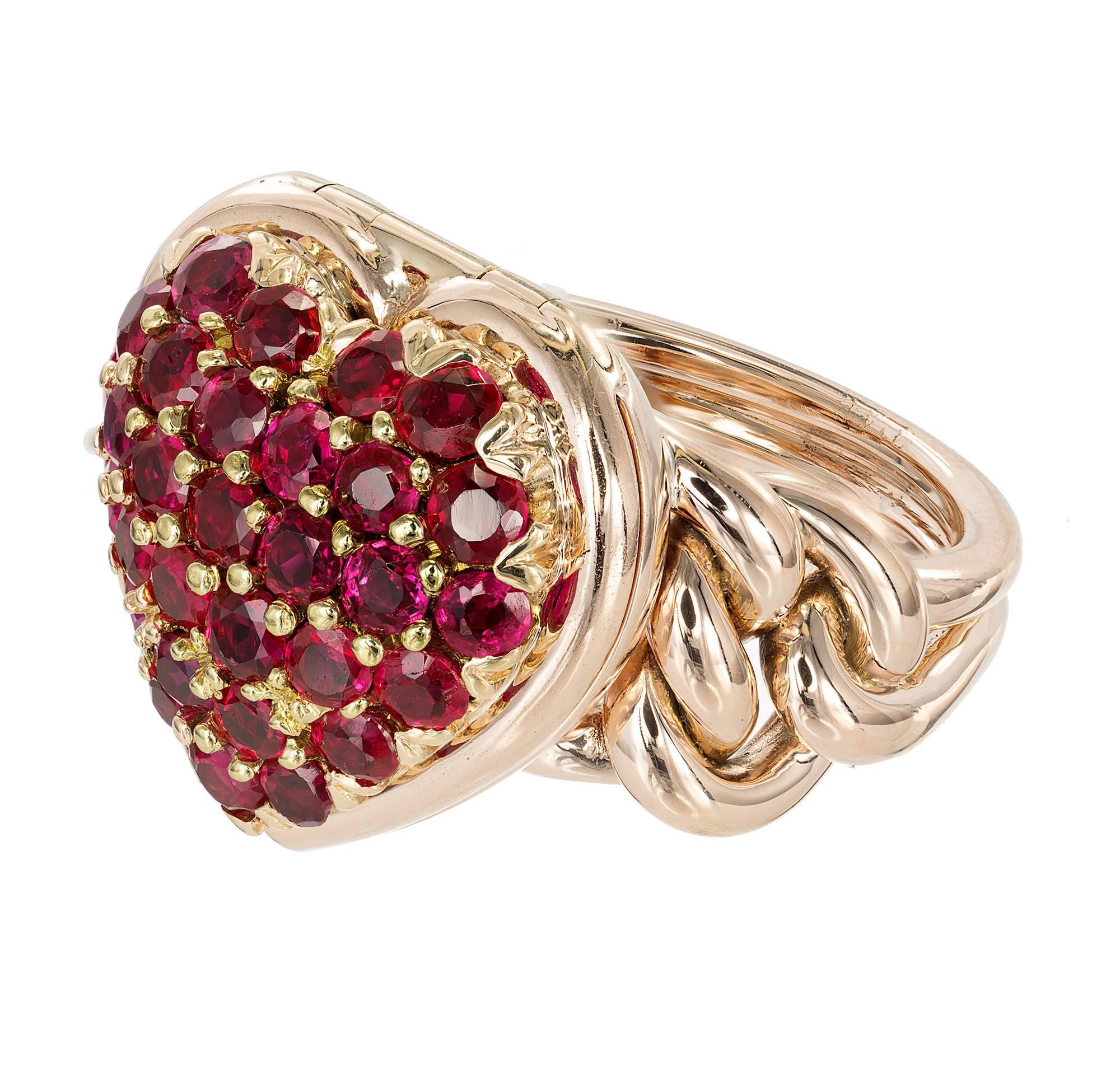 Tiffany & Co heart shape fine Ruby locket 14k rose gold cocktail ring. The top opens to hold a picture. Original frame still inside. 1940s all original rose gold.

30 round pinkish red Rubies, approx. total weight 2.50cts, 2.42mm 
Size 5 and sizable