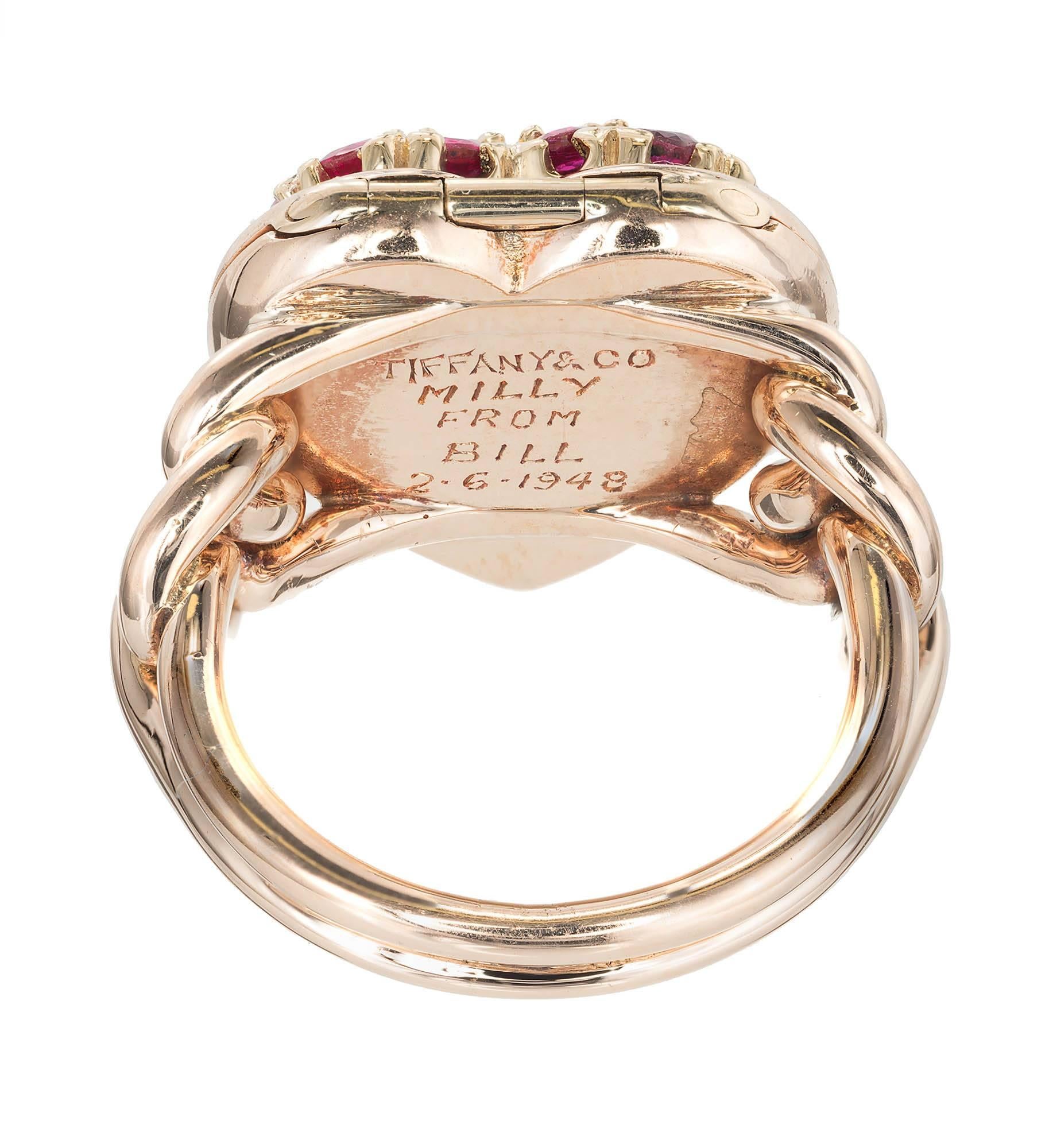 Tiffany & Co. 2.50 Carat Ruby Heart Locket Rose Gold Cocktail Ring In Good Condition In Stamford, CT