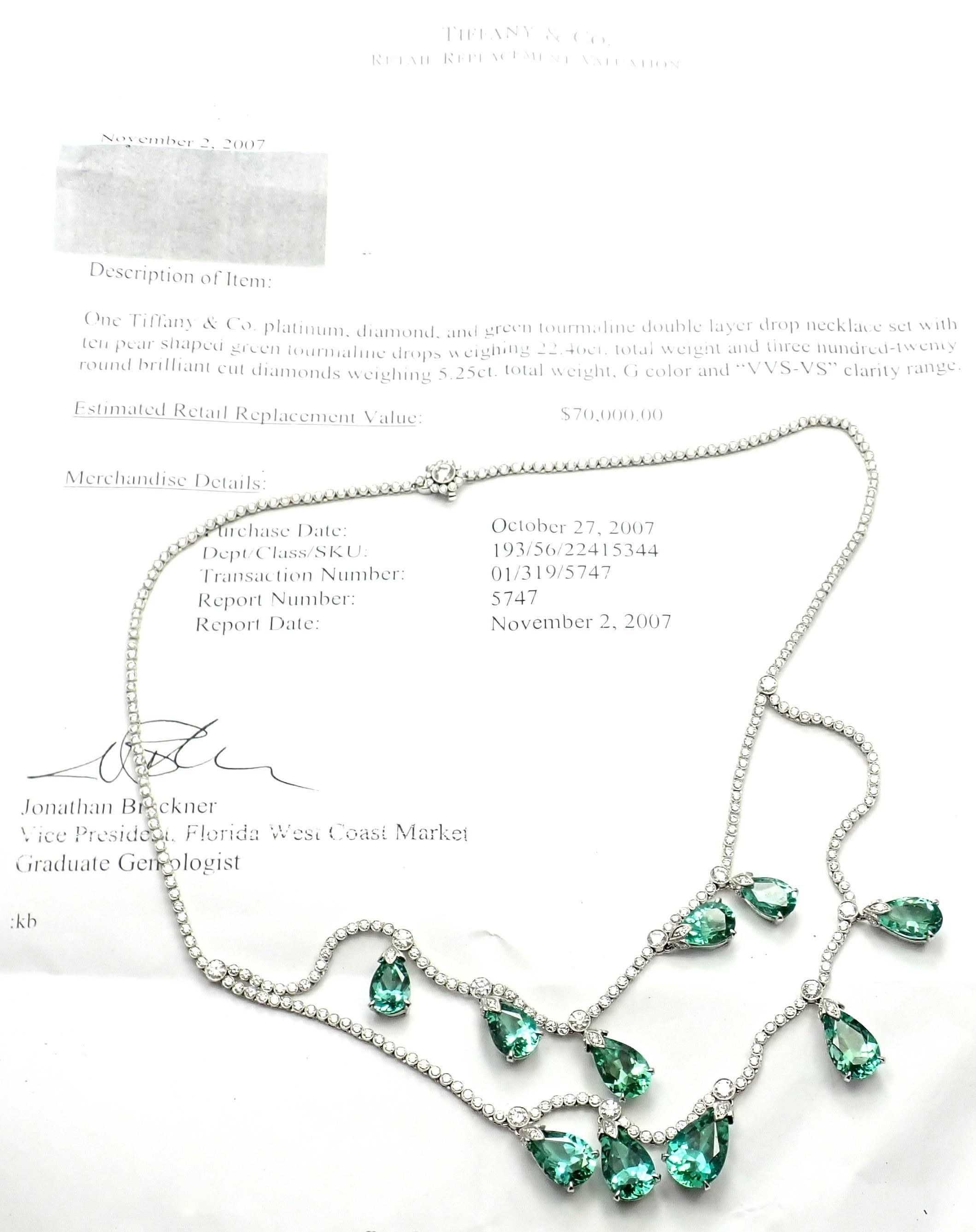 Tiffany & Co. 5.25 Carat Diamond 22.46 Carat Green Tourmaline Platinum Necklace 4