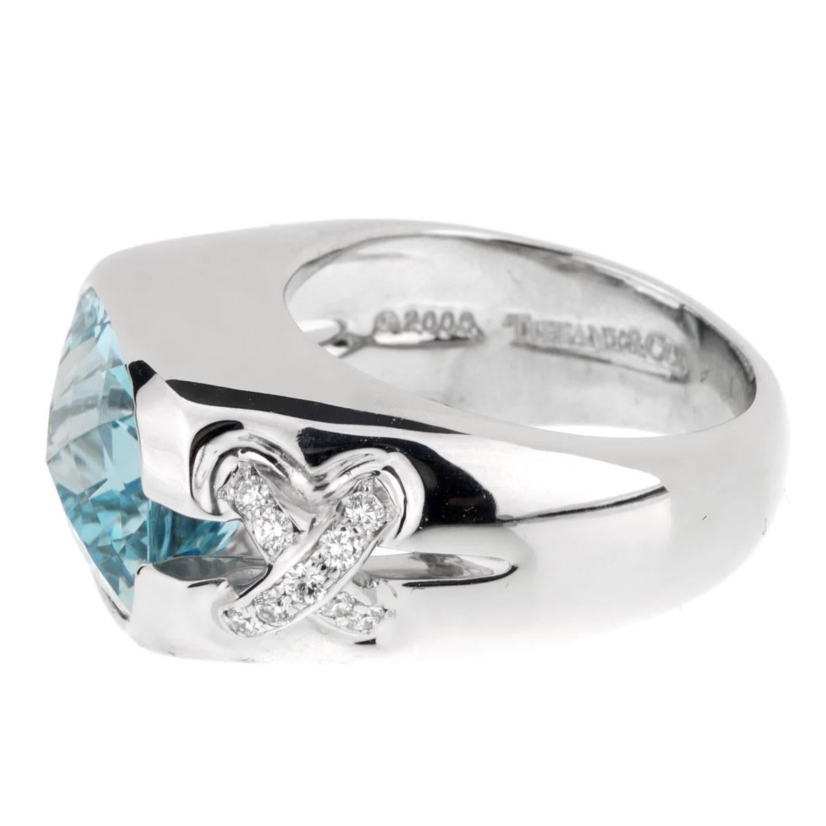Tiffany & Co. Aquamarine Diamond White Gold Ring In Excellent Condition In Feasterville, PA