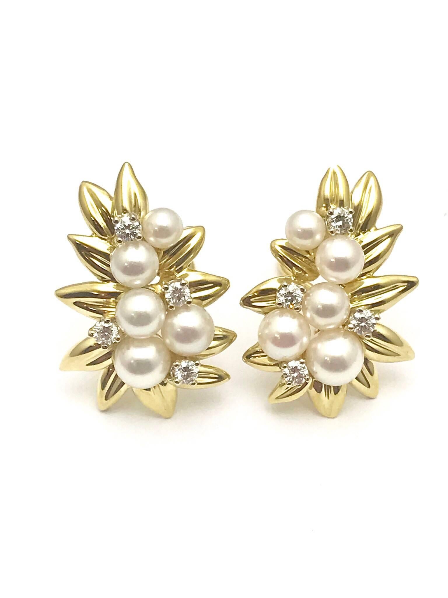 Women's or Men's Tiffany & Co. Cultured Pearl and Diamond Gold Leaf Clip Earrings