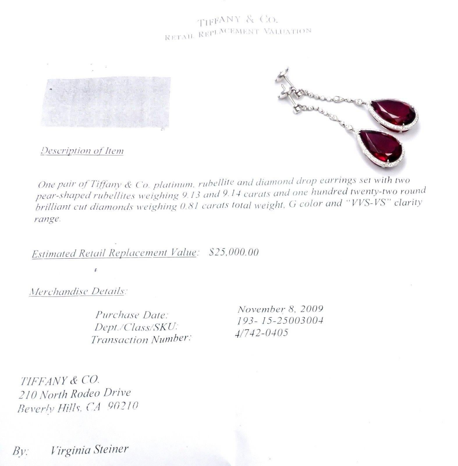 Platinum Diamond Large Rubellite Drop Earrings by Tiffany & Co. 
With 122 round brilliant cut diamonds VVS-VS clarity, G color total weght approx. .81ct
2 pear shape rubellite 9.13ct and 9.14ct
These earrings come with Tiffany & Co Box and a