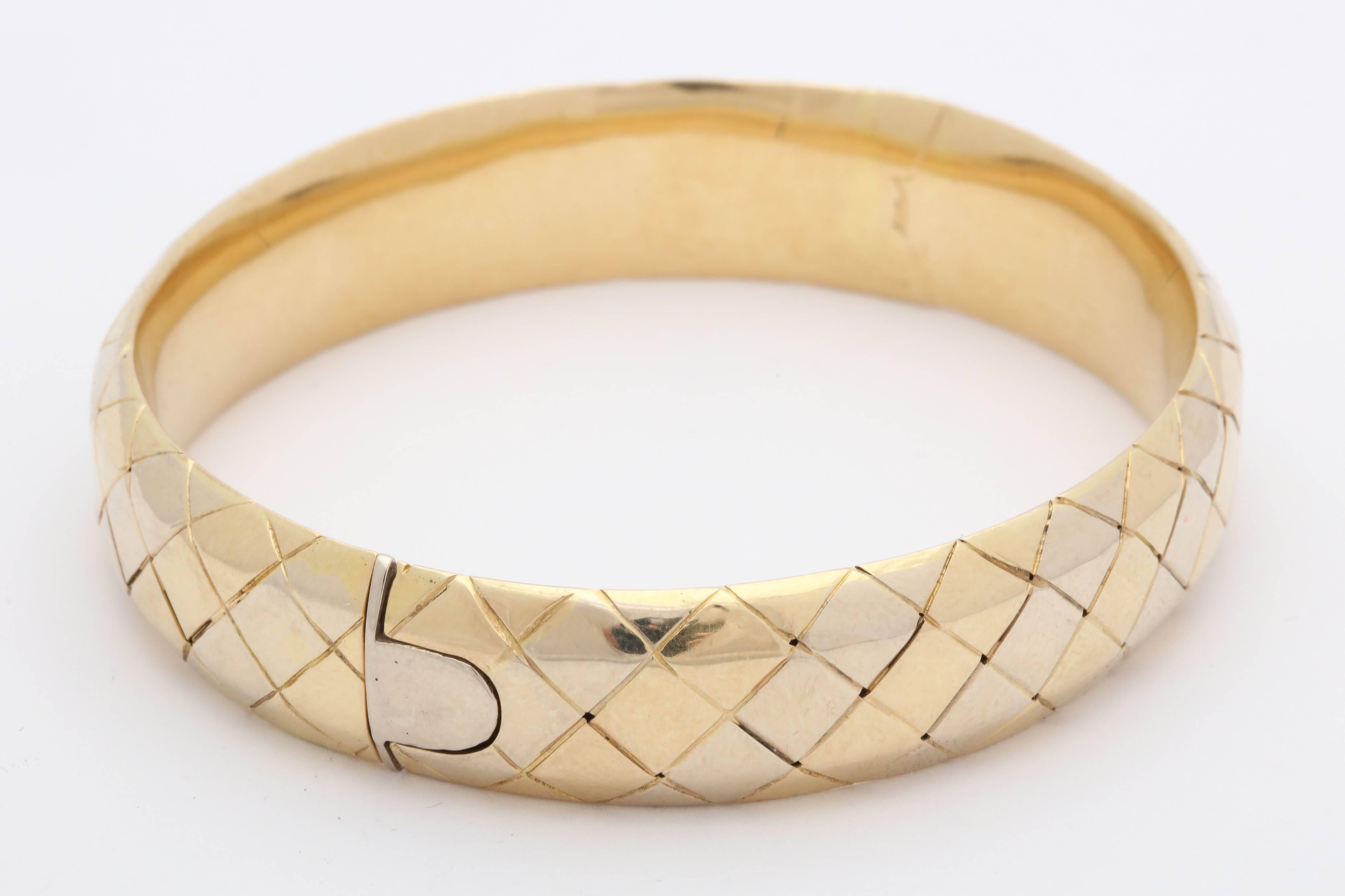 Women's Tiffany & Co. Quilt Pattern Design Gold Bangle Bracelet with Invisible Lock