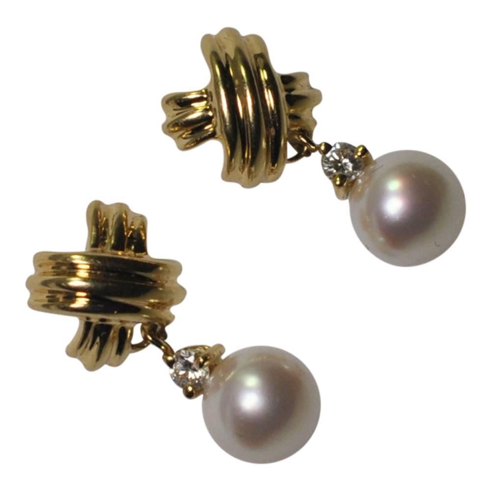 Round Cut Tiffany & Co. Gold Cross Diamond Pearl Dangle Earrings