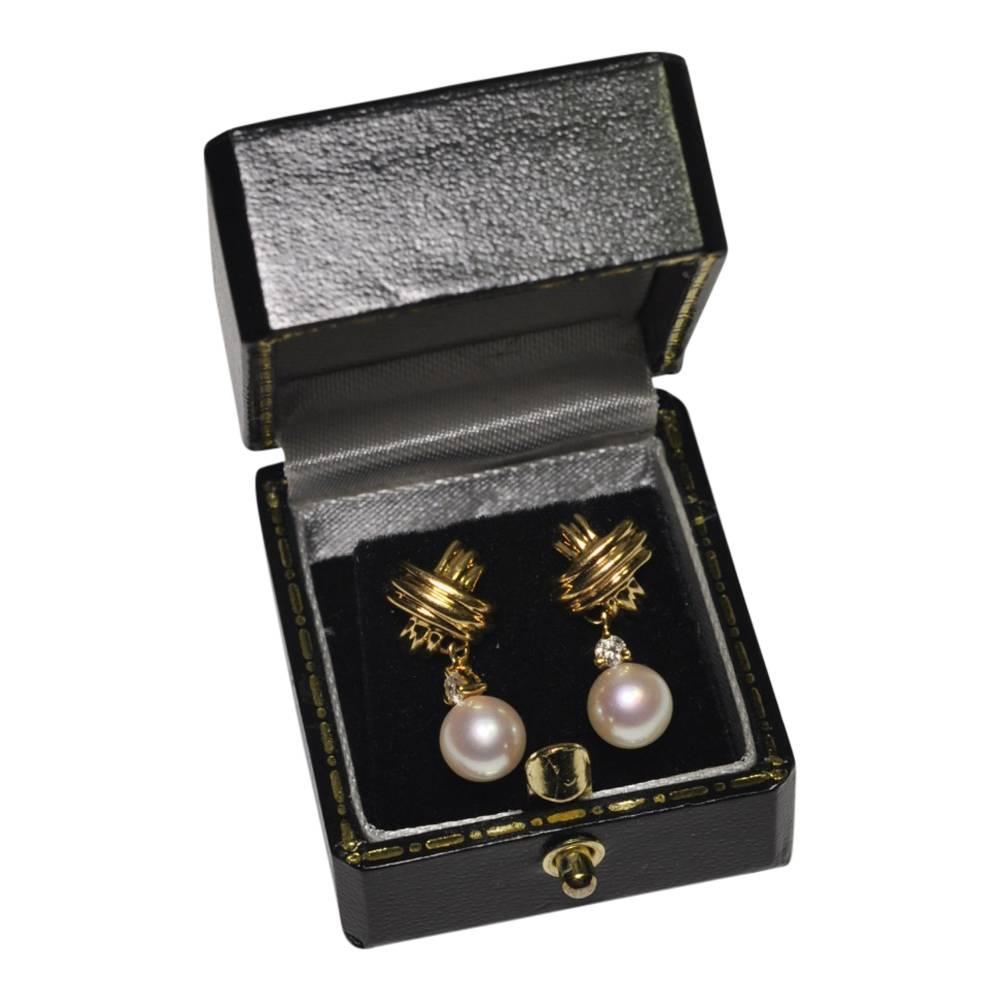 Tiffany & Co. Gold Cross Diamond Pearl Dangle Earrings 2