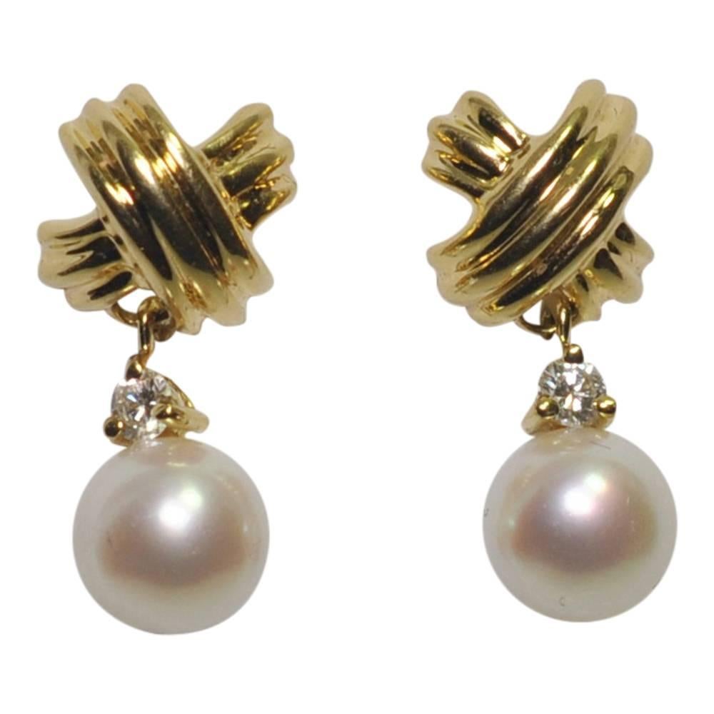 Tiffany & Co. Gold Cross Diamond Pearl Dangle Earrings