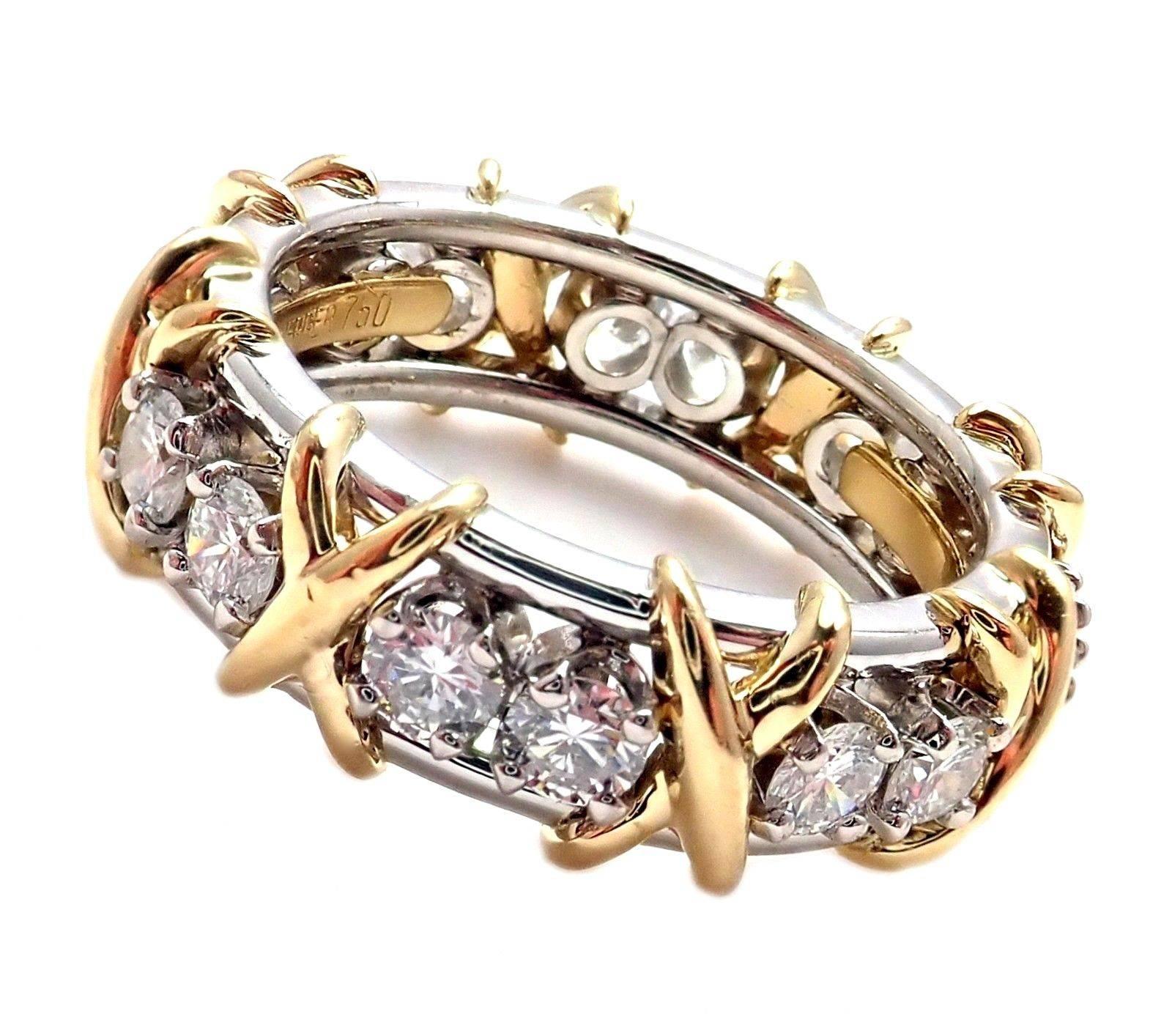 18k Yellow Gold & Platinum Diamond Jean Schlumberger Band Ring designed for Tiffany & Co. 
With 16 Round Brilliant Cut Diamonds VS1 clarity, G color, Total weight Approx 1.14ct
This ring comes with Tiffany & Co box.
Details:
Ring Size: 5.5
Weight: