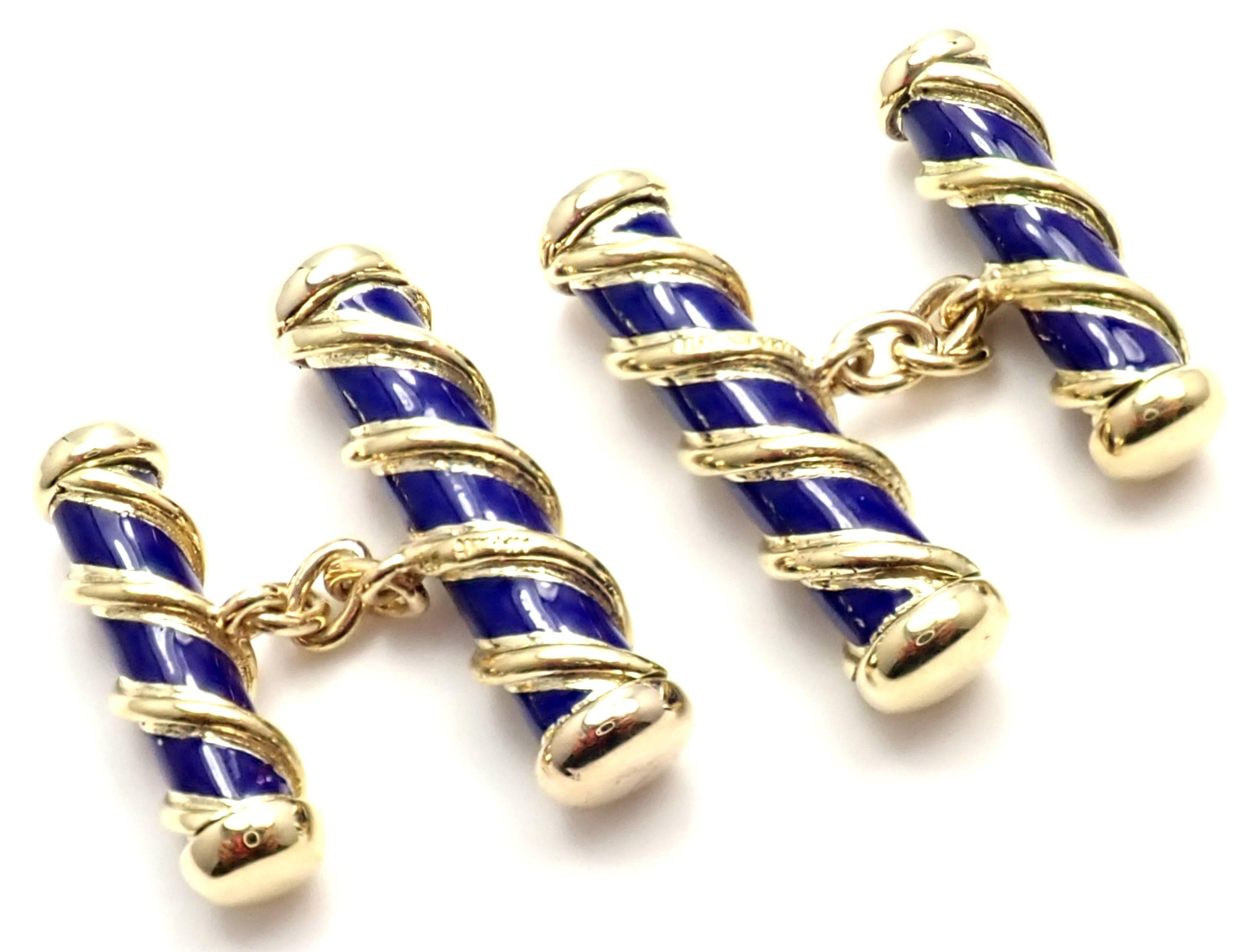18k Yellow Gold Blue Enamel Cufflinks by Jean Schlumberger for Tiffany Co. 
Details: 
Measurements: 25mm x 20mm x 22mm
Weight: 17.8 grams
Stamped Hallmarks:  Tiffany Schlumberger 18k
*Free Shipping within the United States*
YOUR PRICE: