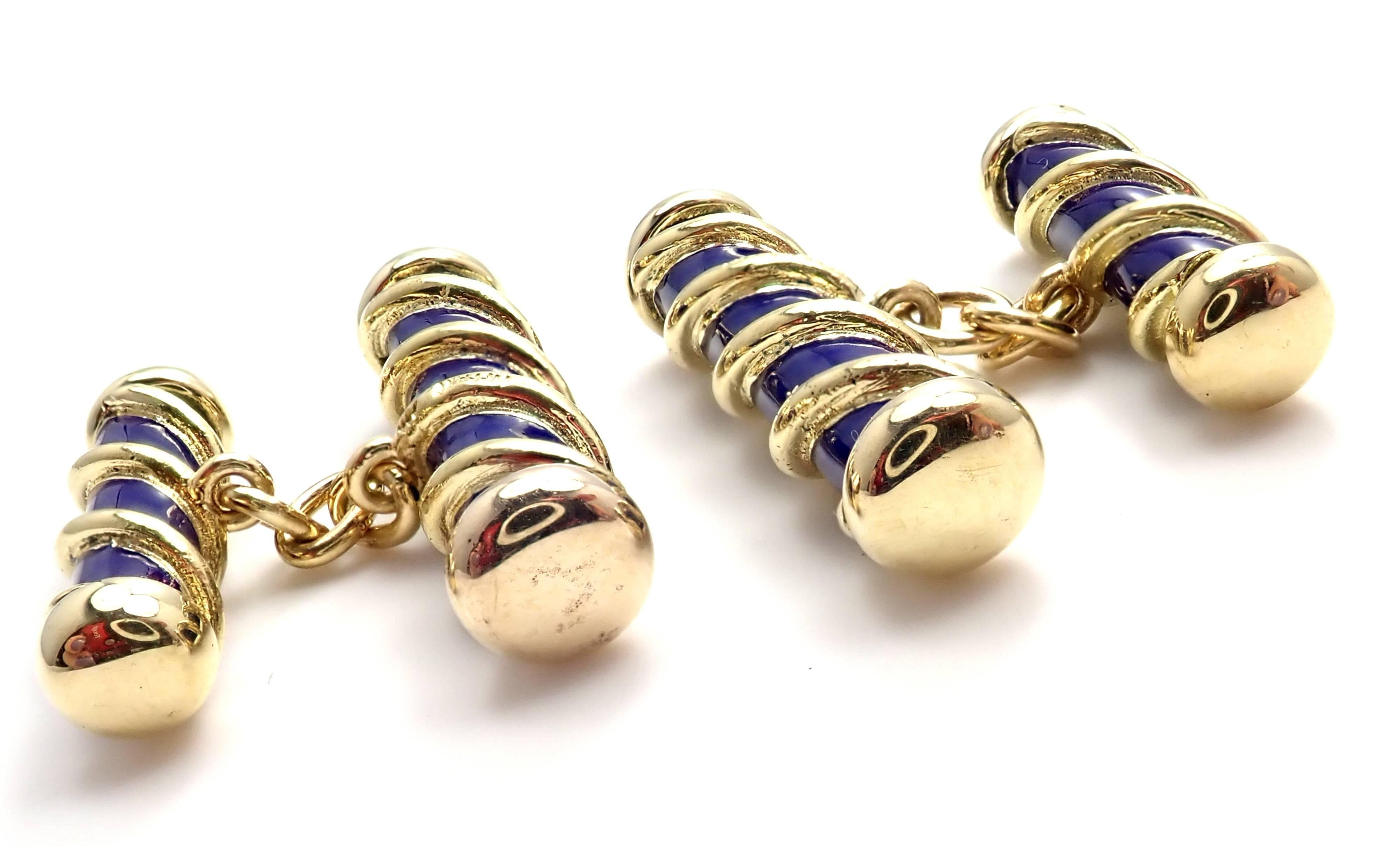 Tiffany & Co Jean Schlumberger Blue Enamel Yellow Gold Cufflinks In New Condition In Holland, PA