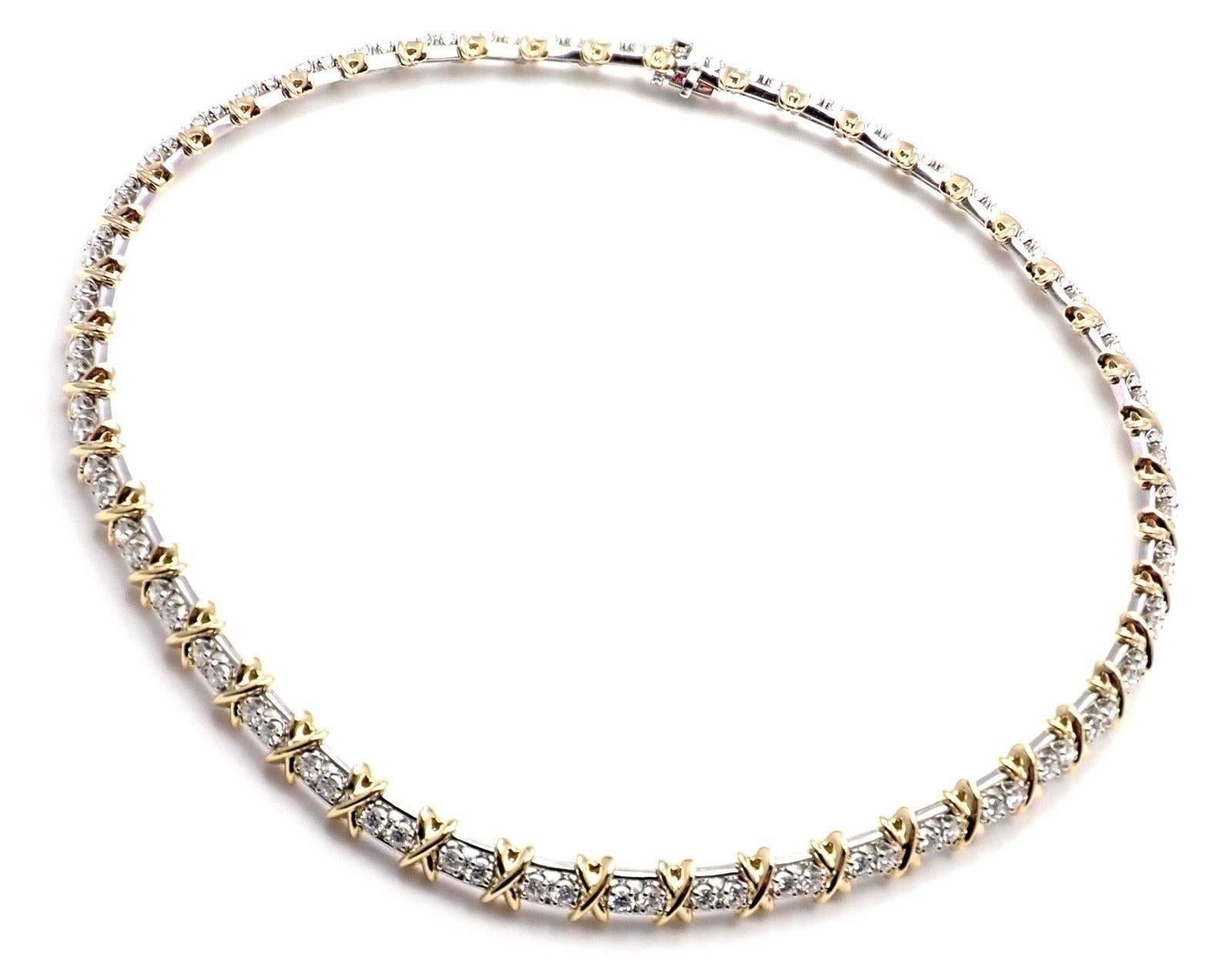 Platinum & 18k Yellow Gold Diamond X Necklace by Jean Schlumberger for Tiffany & Co. 
With 92 round brilliant cut diamonds VS1 clarity G color total weight approx. 8.28ct
Details: 
Length: 17