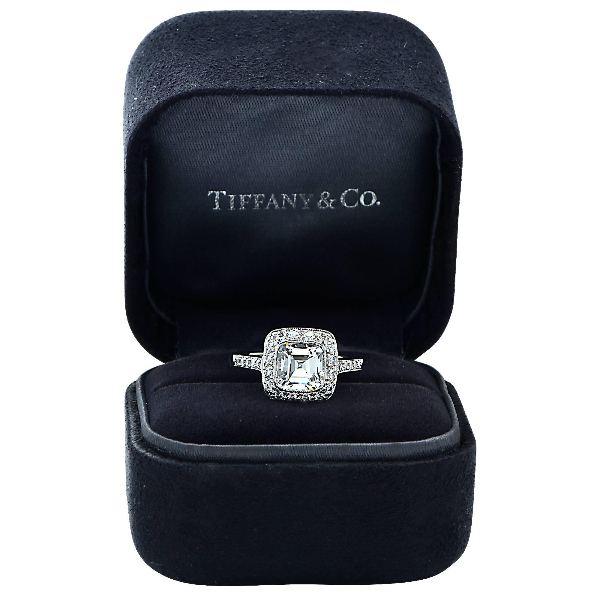 Seal the deal with this absolutely stunning Tiffany & Co Platinum Legacy engagement ring, featuring a 1.87ct Cushion cut Diamond, H color, VS1 clarity, adorned with 42 round brilliant cut diamonds weighing approximately .42cts total G color, VVS-VS