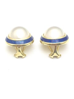 Tiffany & Co. Mabe Pearl and Blue Enamel Gold Clip Earrings