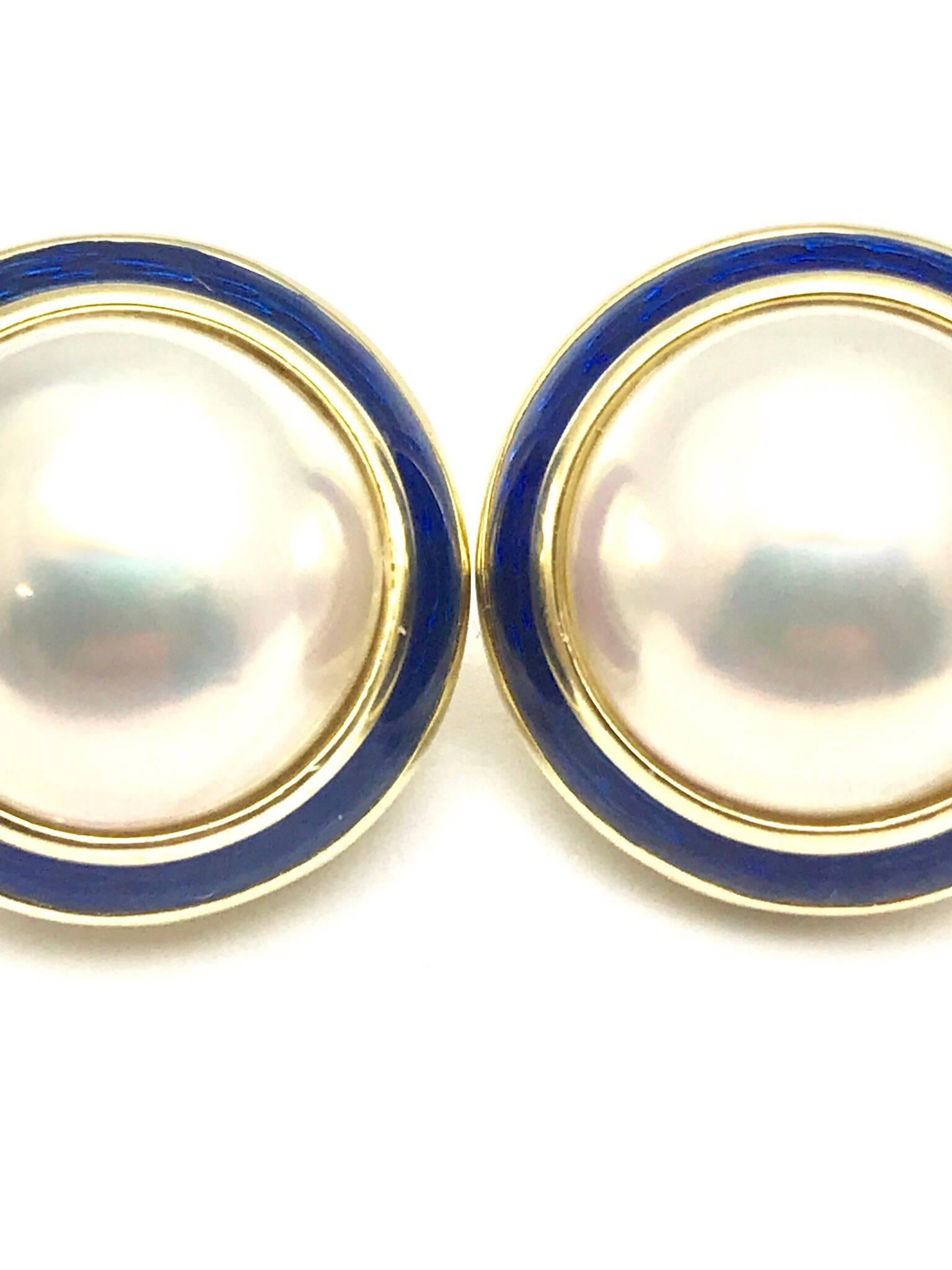 Women's or Men's Tiffany & Co. Mabe Pearl and Blue Enamel Gold Clip Earrings
