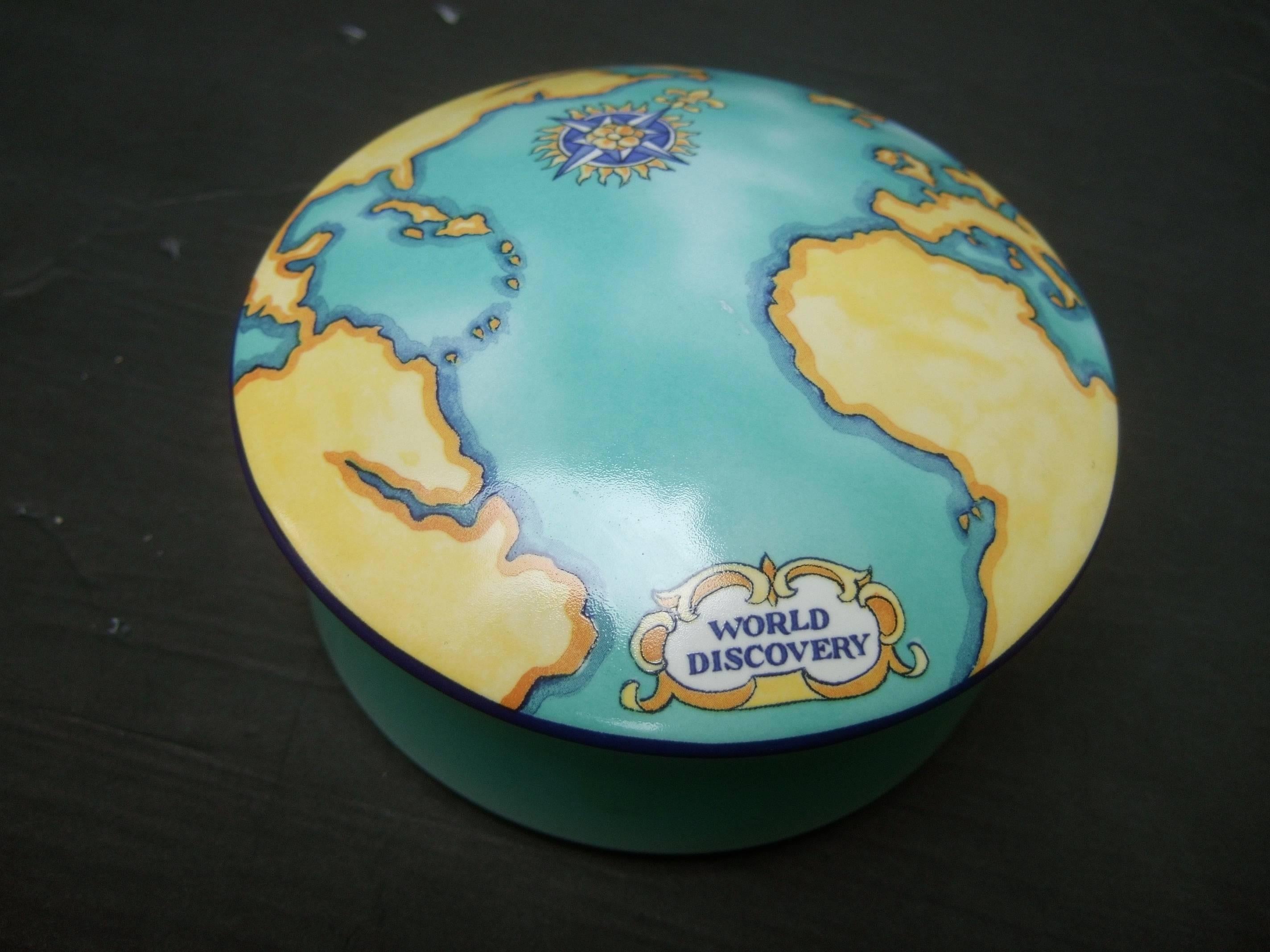 Tiffany & Co Porcelain round dish map dish designed for Tauck World Discoveries

The porcelain lid cover is decorated with several continents;
Africa, Europe, North and South America 

The round porcelain dish was designed by Tiffany & Co. 
for