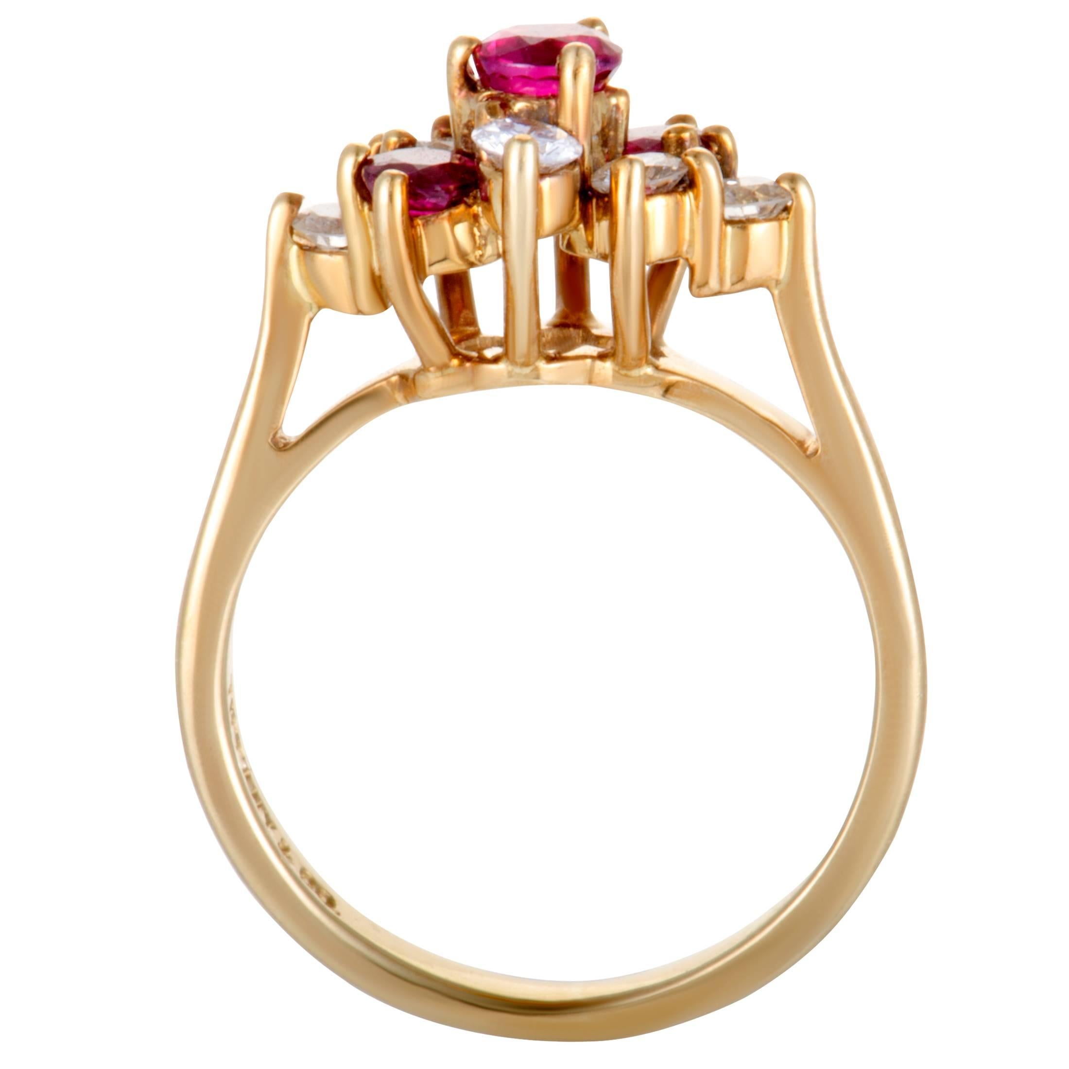 This elegant and classy ring is crafted in glistening 18K yellow gold by Tiffany & Co. This stunning ring displays a mesmerizing and captivating appeal with its spectacular embellishment of gorgeous red rubies, weighing 0.25ct, surrounded by 0.30ct