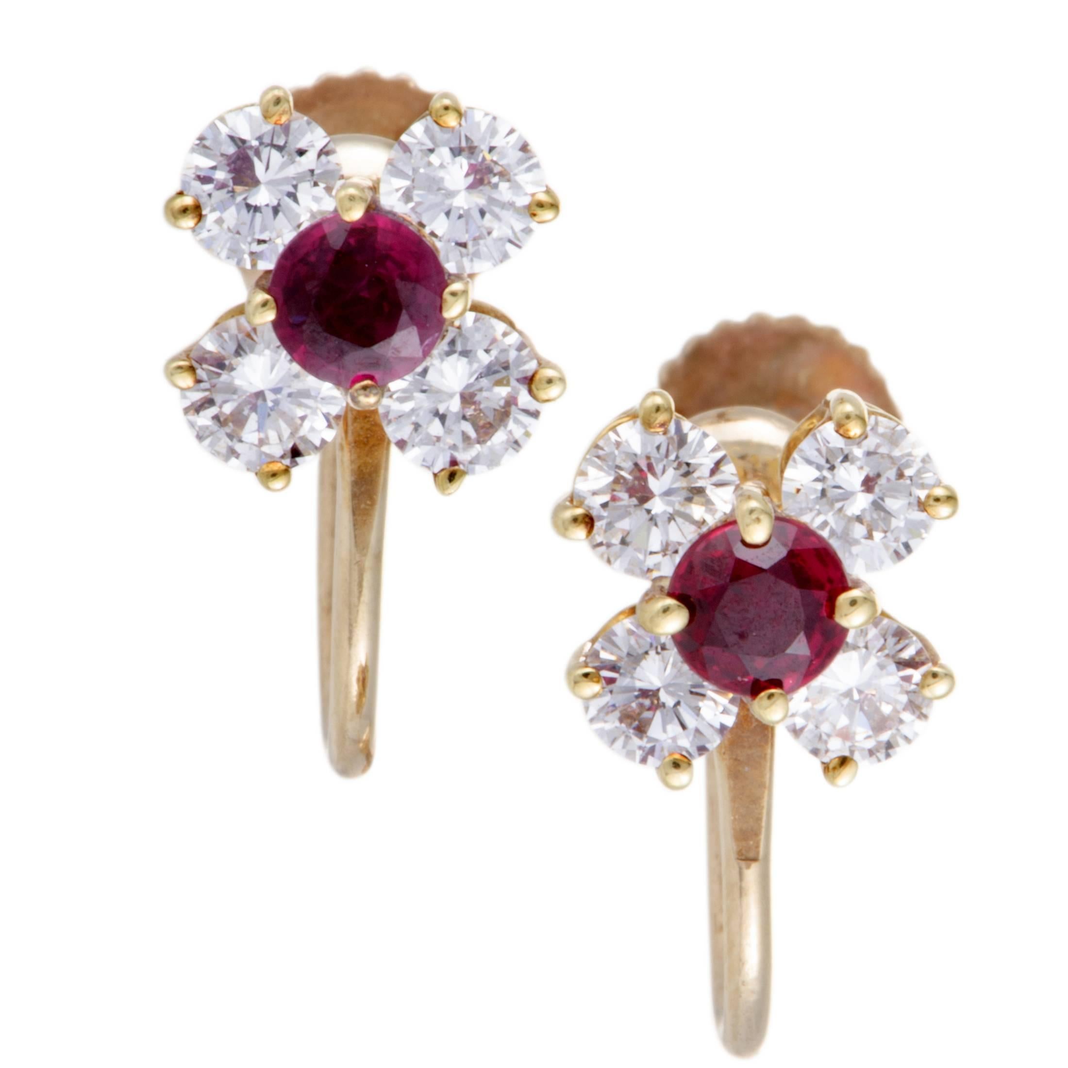 Tiffany & Co. Ruby Diamond Gold Screw Back Earrings