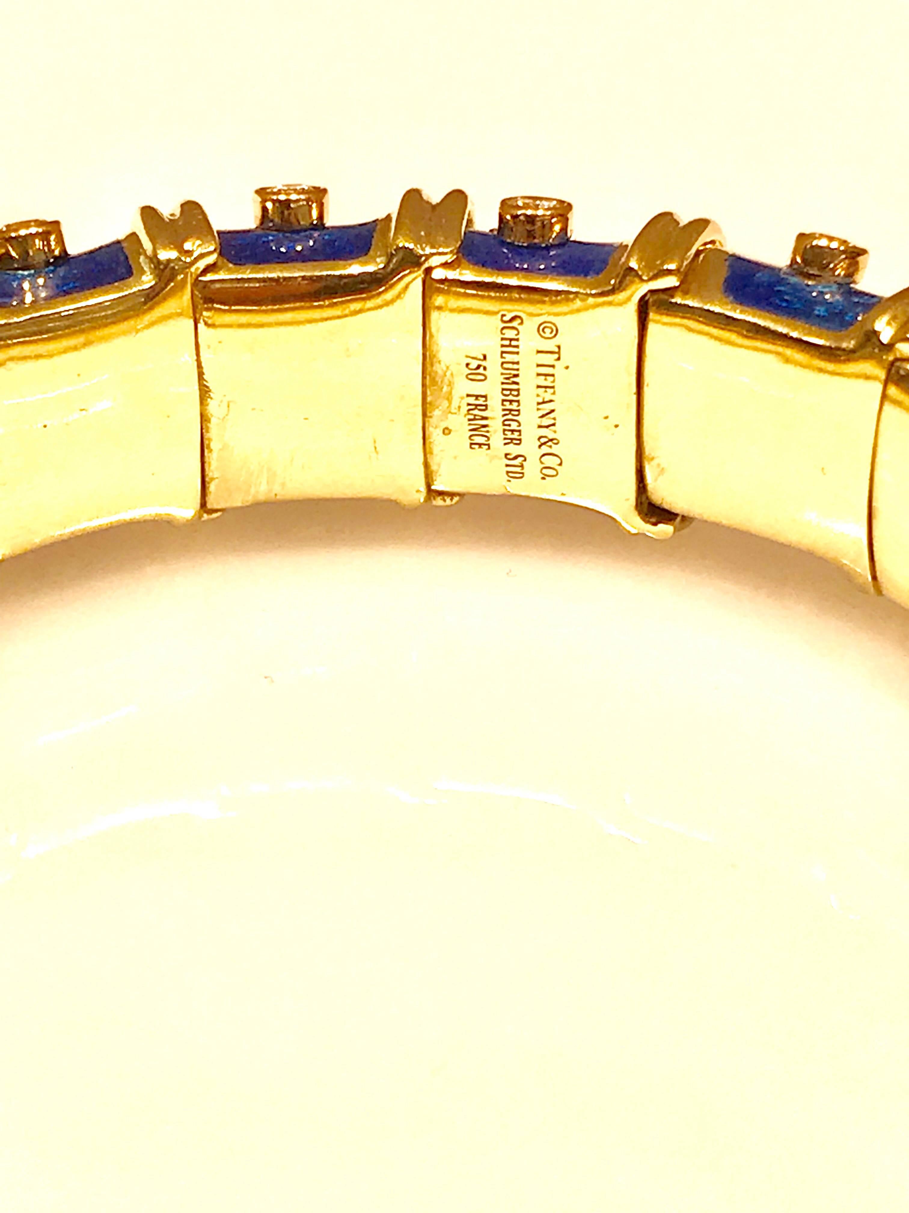 Schlumberger for Tiffany & Co 18 Karat Yellow Gold, Enamel and Diamond Bangle Bracelet. Signed 