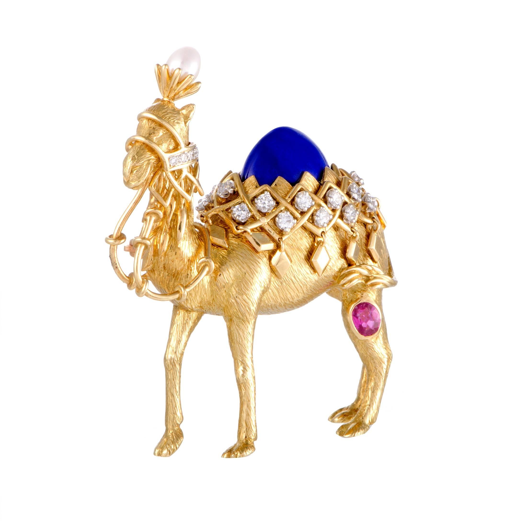 Tiffany & Co. Schlumberger Diamond Pearl Ruby and Lapis Lazuli Camel Brooch In Excellent Condition In Southampton, PA