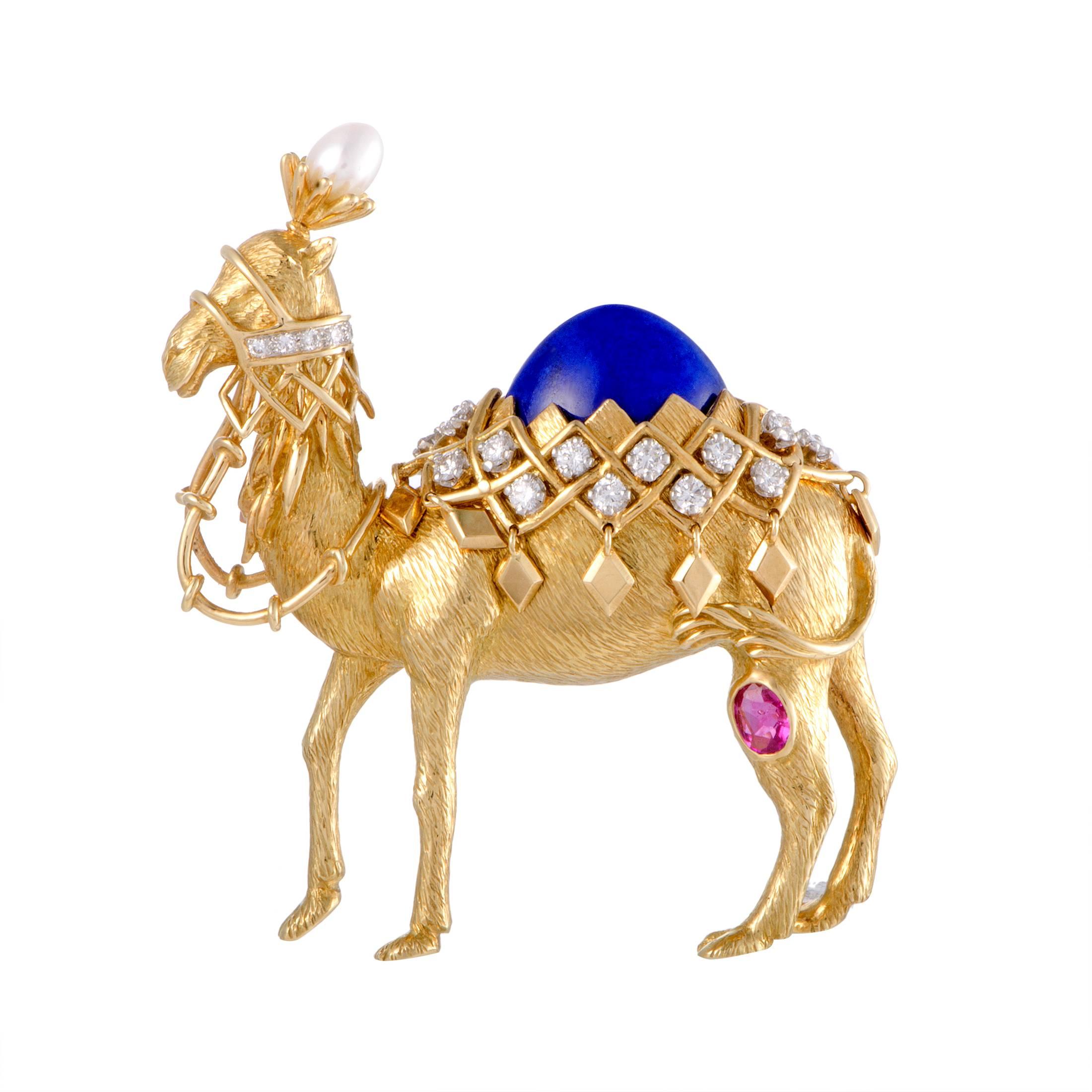 Tiffany & Co. Schlumberger Diamond Pearl Ruby and Lapis Lazuli Camel Brooch