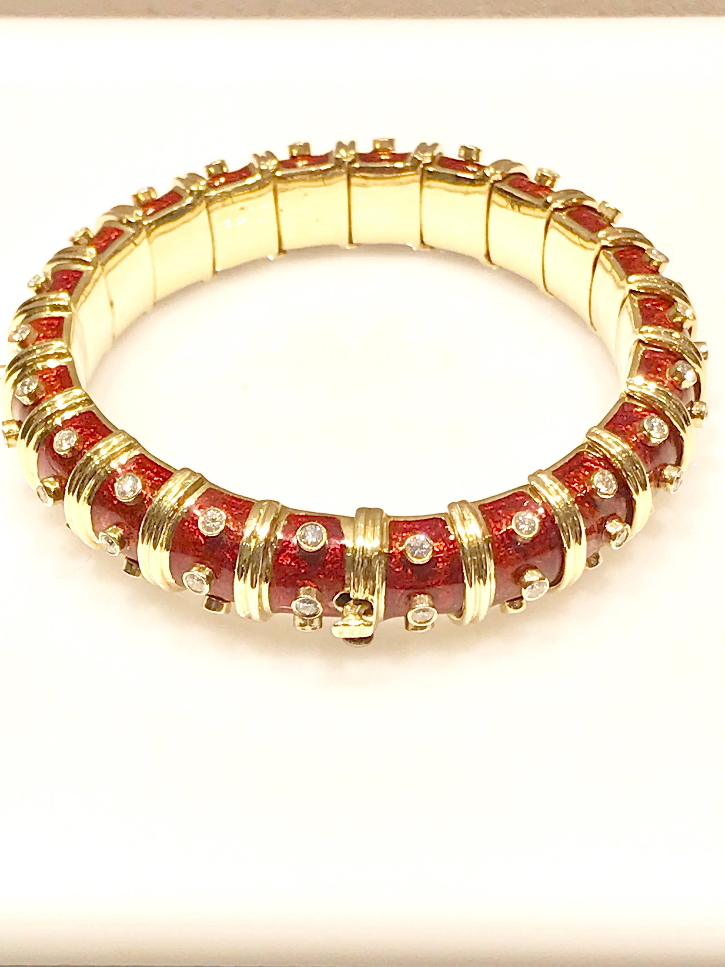 Schlumberger for Tiffany & Co 18 Karat Yellow Gold, Enamel and Diamond Bangle Bracelet.  Signed 