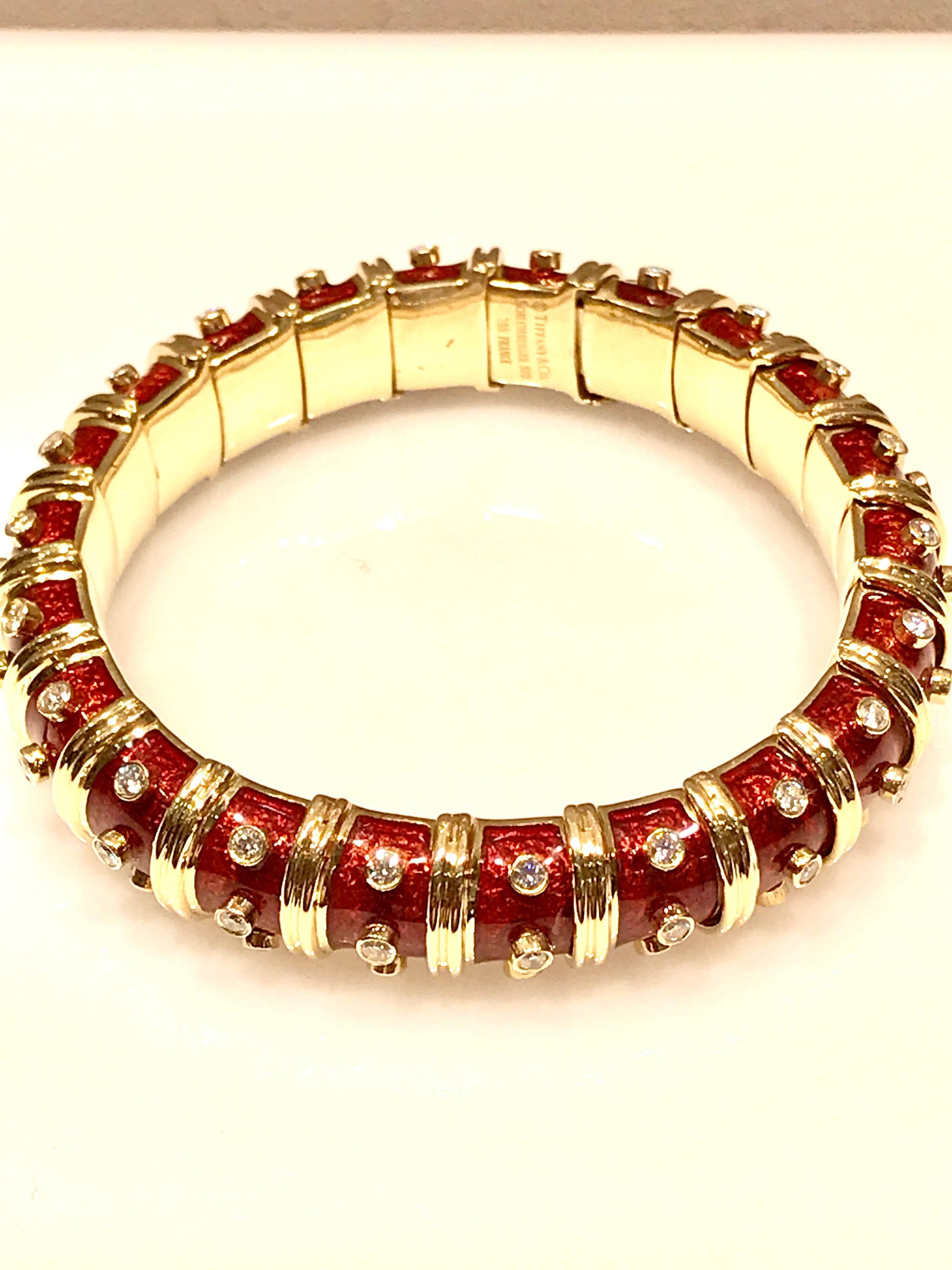 Modern Tiffany & Co. Schlumberger Red Enamel and Bezel Set Diamond Bangle Bracelet
