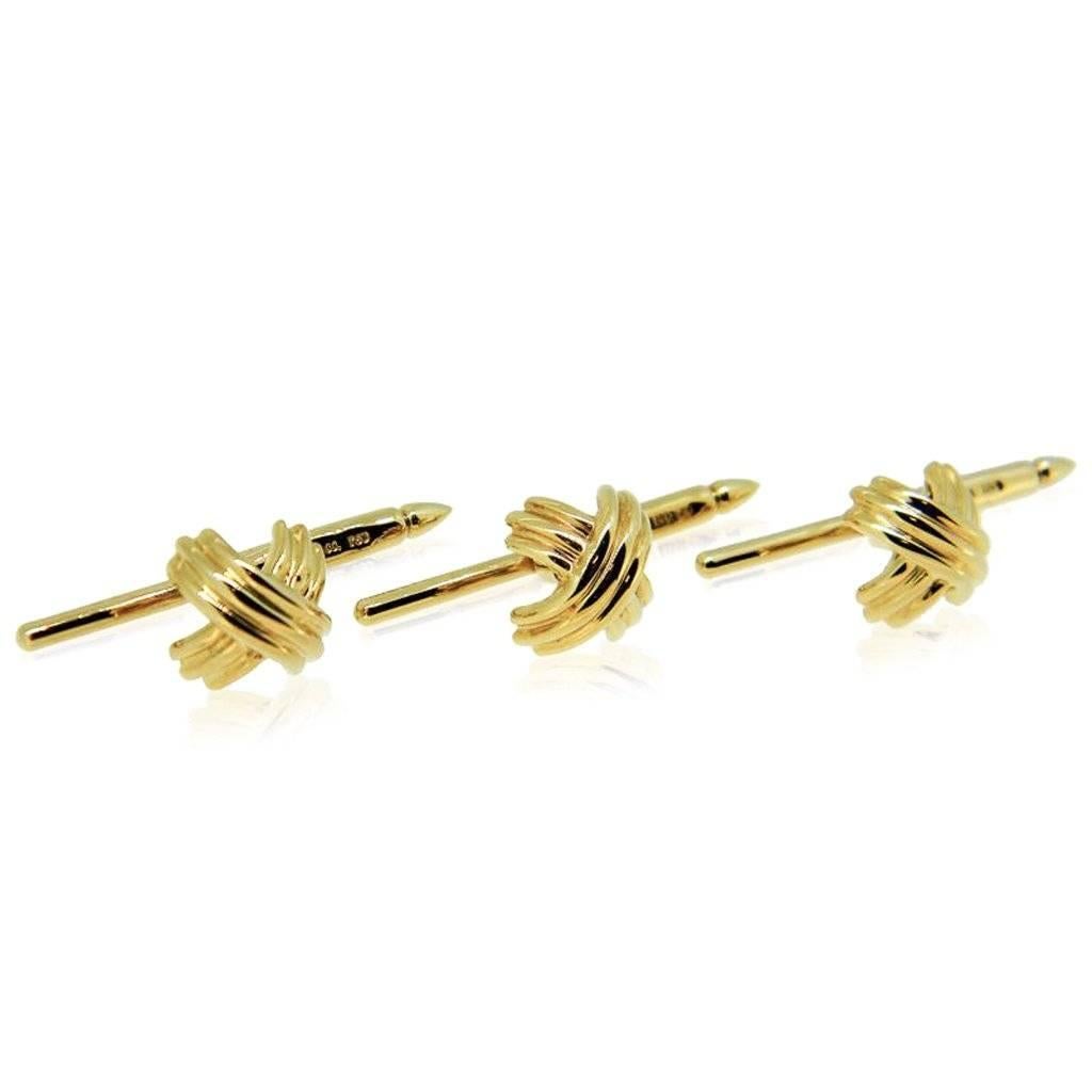 Set of 3 genuine 18ct yellow gold Tiffany & Co. 'Signature X' shirt studs. All have working spring-loaded fittings, each hallmarked 