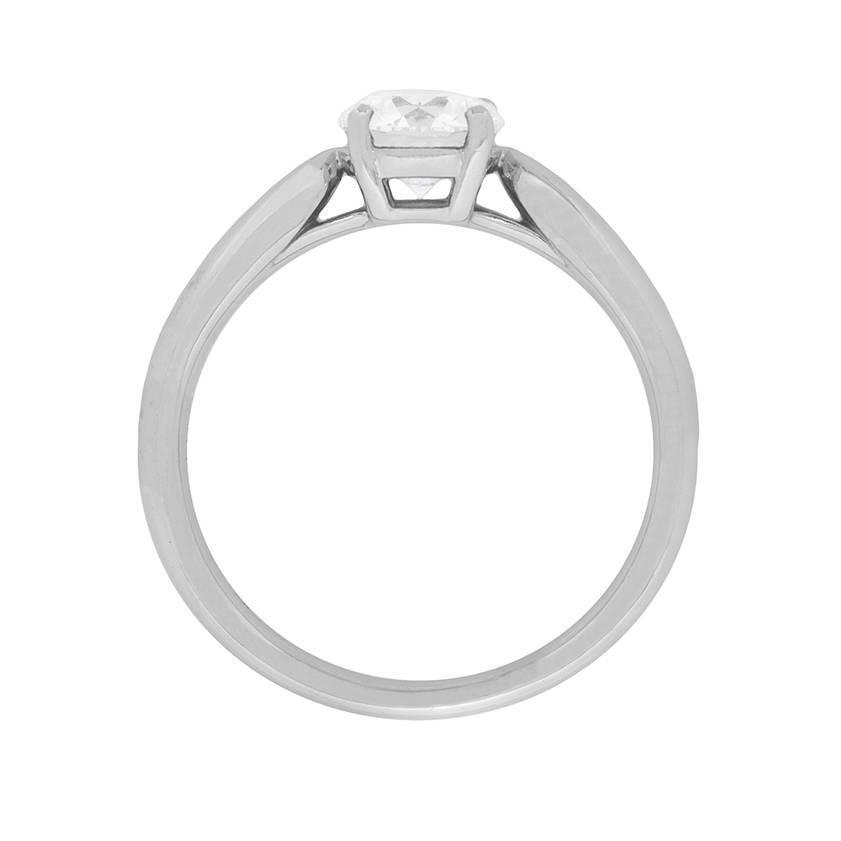 A beautiful diamond solitaire ring, marked by make Tiffany & Co., and certified. The centre stone has a weight of 0.61 carat and is rated triple X by Tiffany & Co. This means, it has an excellent polish, symmetry and cut grade.

It is a four claw