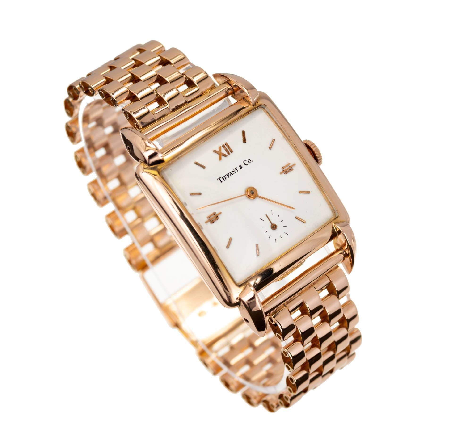 Tiffany & Co. 18k rose gold Universal Geneve wristwatch. Universal Geneve had a partnership with Tiffany during the late 1940’s and 1950’s. During this time Tiffany house brand watches were produced with Tiffany & Co on the dial and Universal cases
