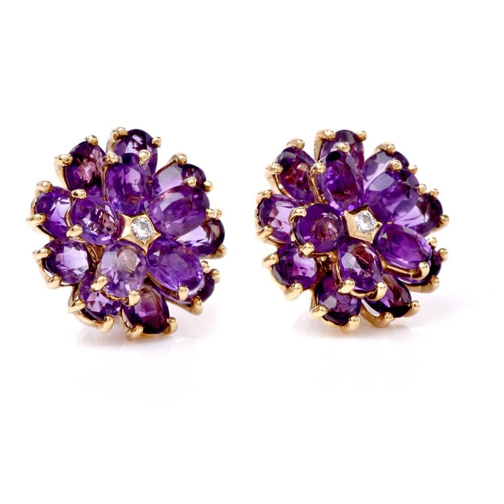 These stunningly alluring  authentic vintage Tiffany & Co. earrings with amethyst are crafted in 18-karat yellow gold, weighing 16.8 grams and measuring 20 mm in diameter. Designed as enchanting flowers with two-layers of purple amethyst petals,