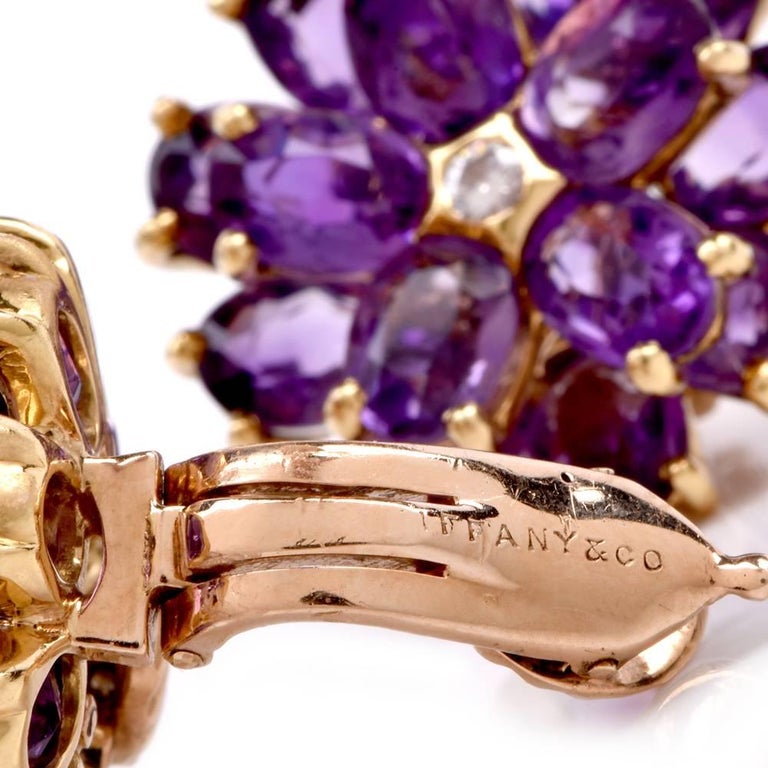 Tiffany and Co. Vintage Floral Amethyst 18 Karat Yellow Gold ClipOn Earrings For Sale at 1stDibs