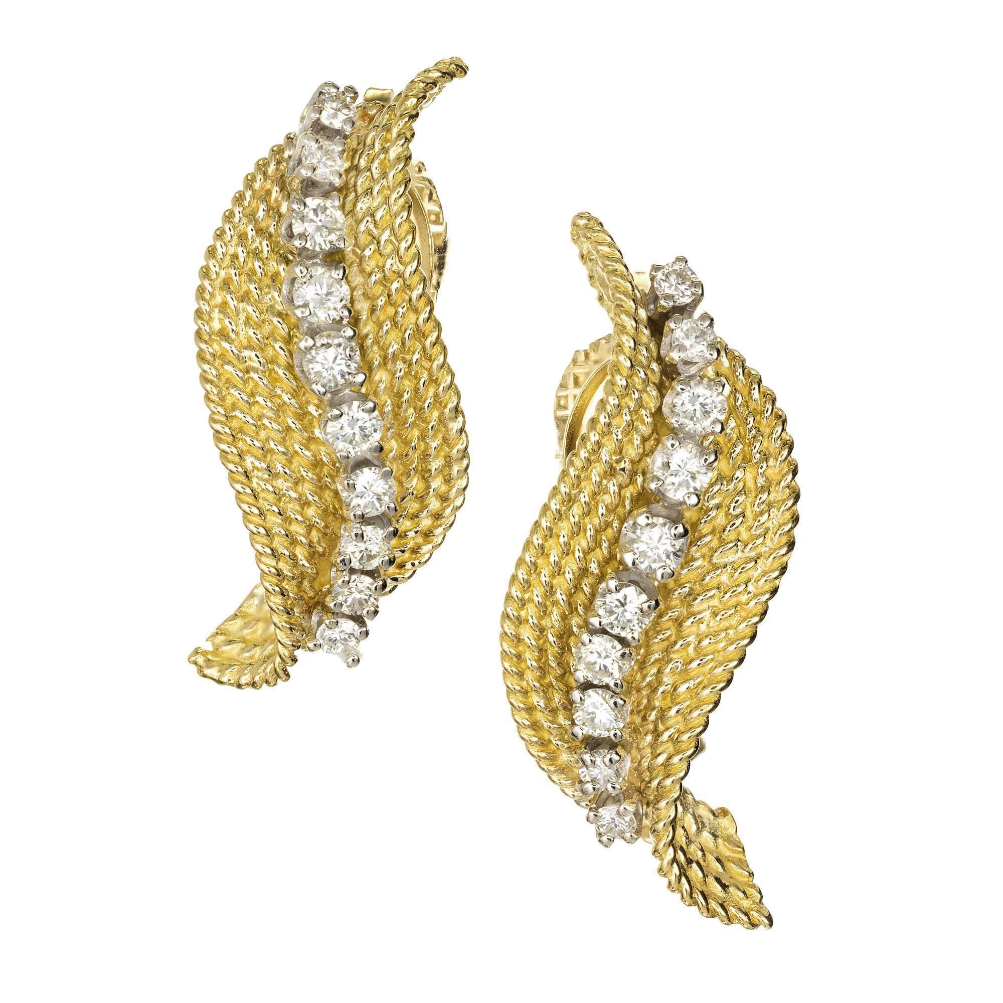 Tiffany & Co. .70 Diamond Gold Swirl Midcentury Earrings