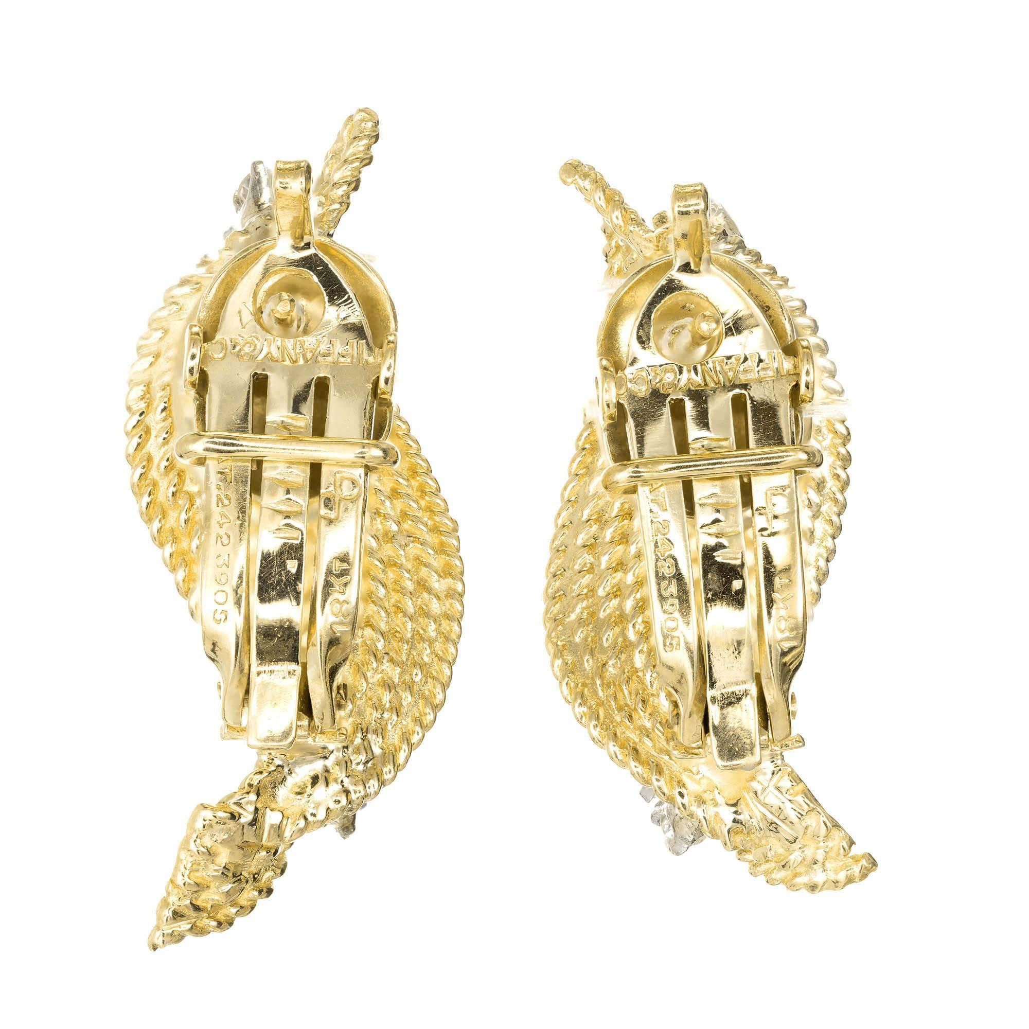 Round Cut Tiffany & Co. .70 Diamond Gold Swirl Midcentury Earrings